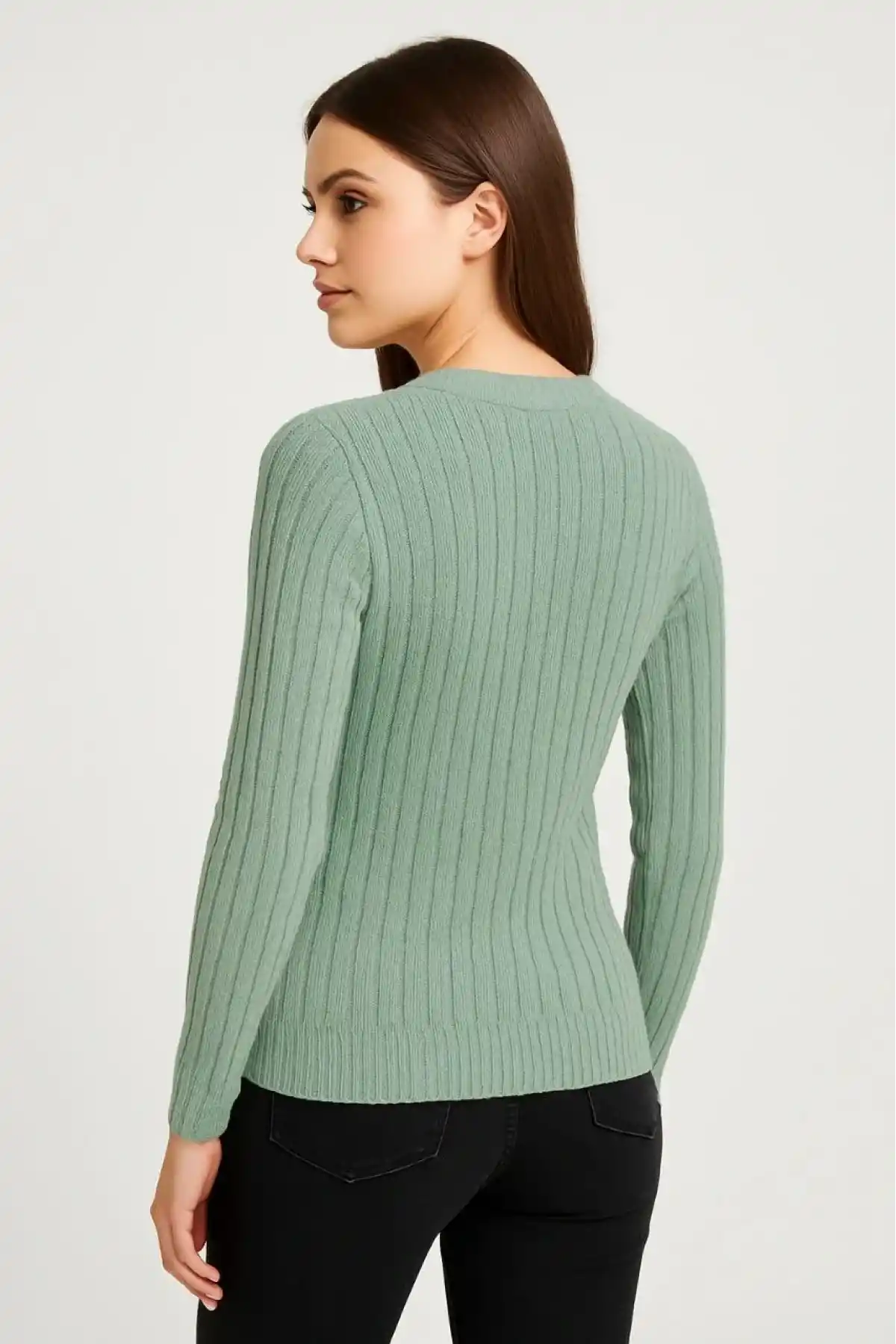 Erkek Bisiklet Yuvarlak Yaka Triko Kazak Pamuklu Kalın Fitilli Dokuma, Regular Fit Uzun Kollu Kışlık Model - Mint Yeşili