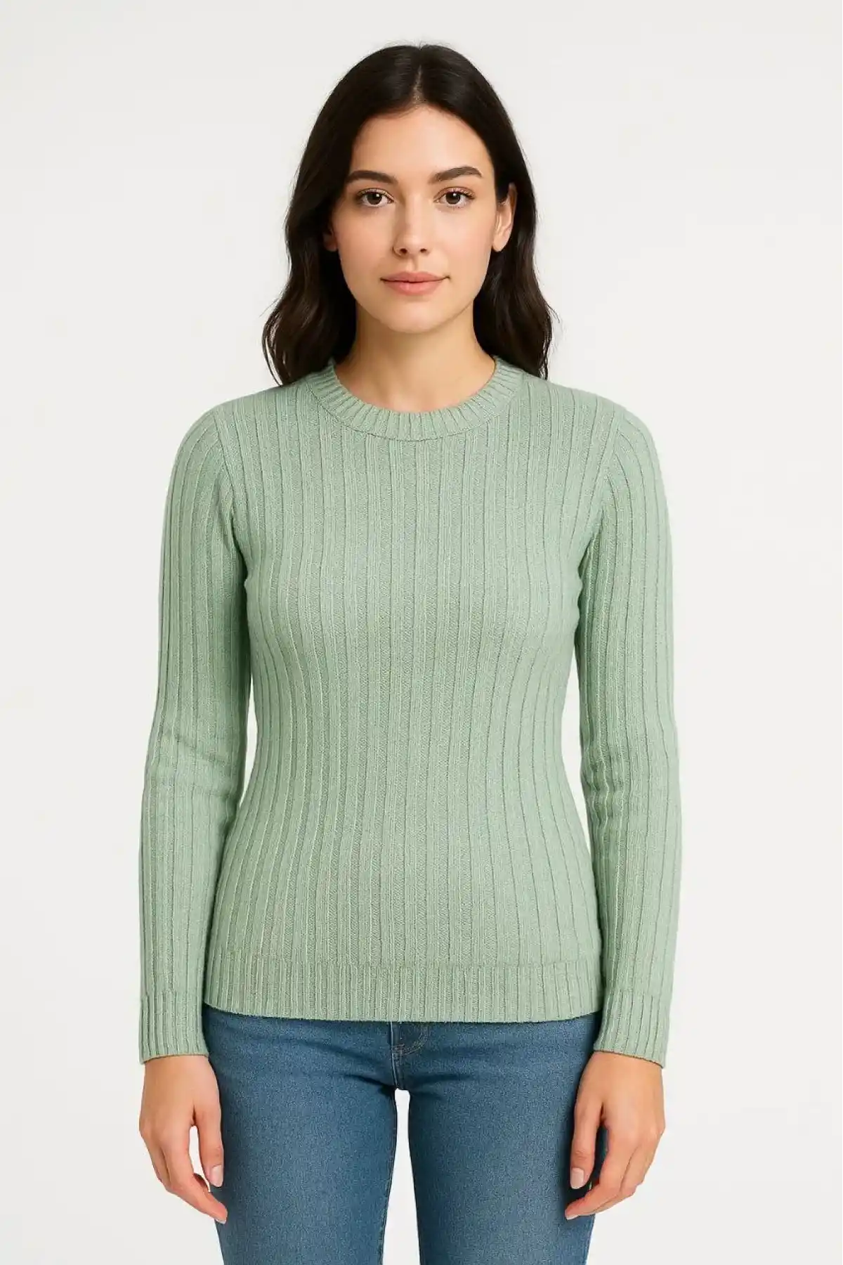 Erkek Bisiklet Yuvarlak Yaka Triko Kazak Pamuklu Kalın Fitilli Dokuma, Regular Fit Uzun Kollu Kışlık Model - Mint Yeşili