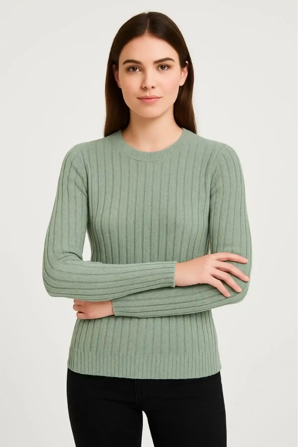 Erkek Bisiklet Yuvarlak Yaka Triko Kazak Pamuklu Kalın Fitilli Dokuma, Regular Fit Uzun Kollu Kışlık Model - Mint Yeşili