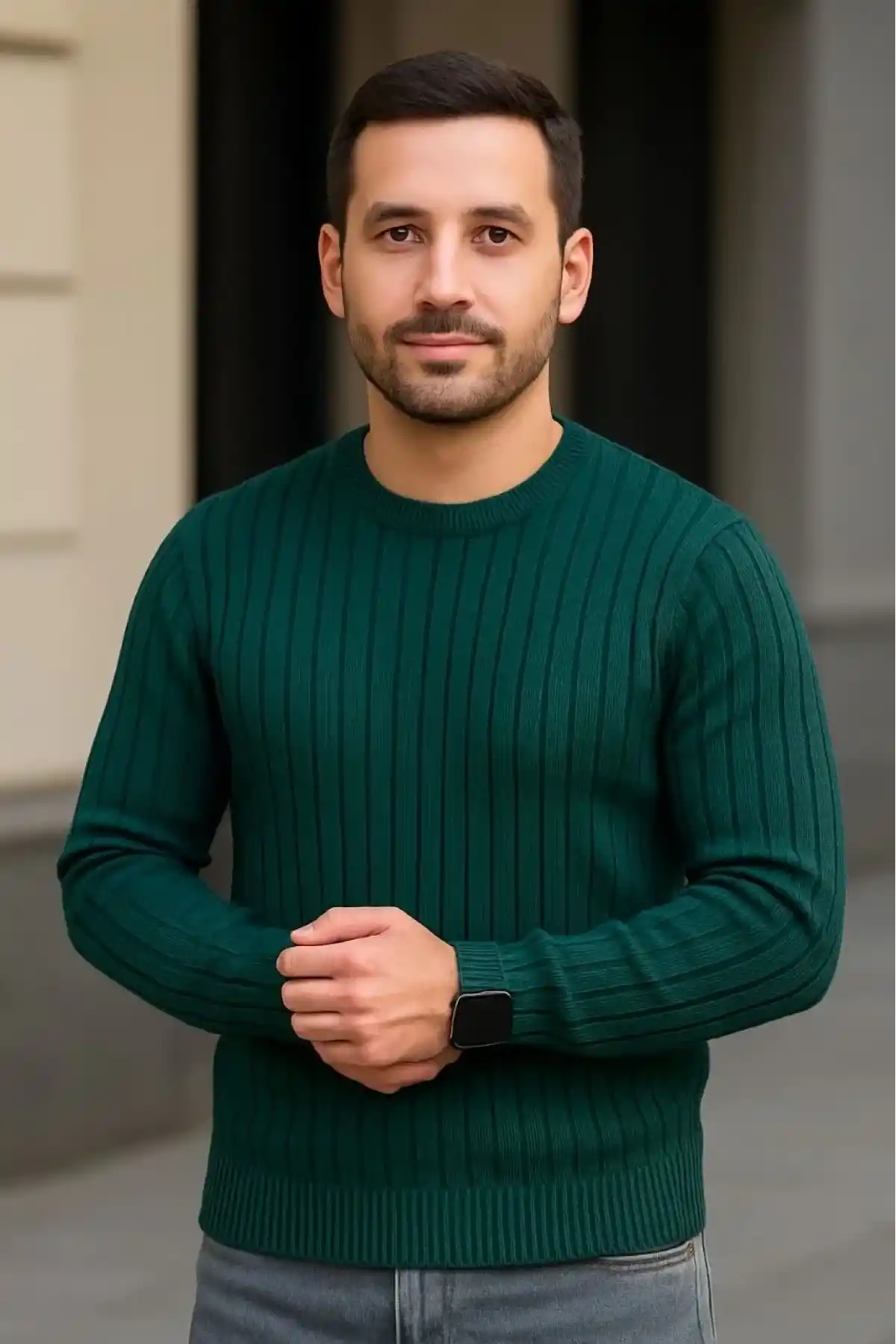 Erkek Bisiklet Yuvarlak Yaka Triko Kazak Pamuklu Kalın Fitilli Dokuma Regular Fit - Haki