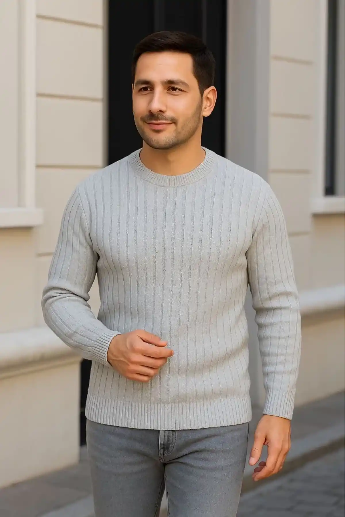 Erkek Bisiklet Yuvarlak Yaka Triko Kazak Pamuklu Kalın Fitilli Dokuma Regular Fit - Gri