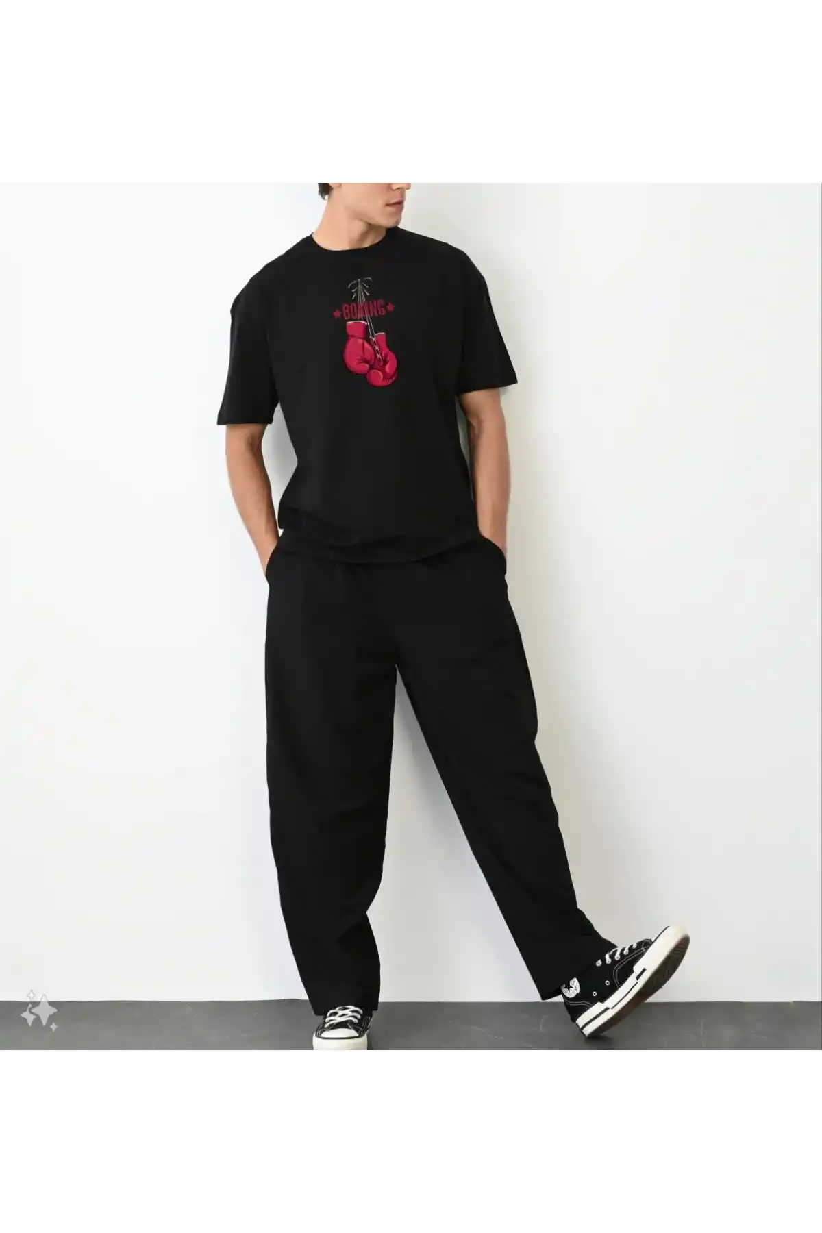 Erkek Boks Eldiven Baskılı T-Shirt Kısa Kol Bisiklet Yaka Regular Tişört - Siyah