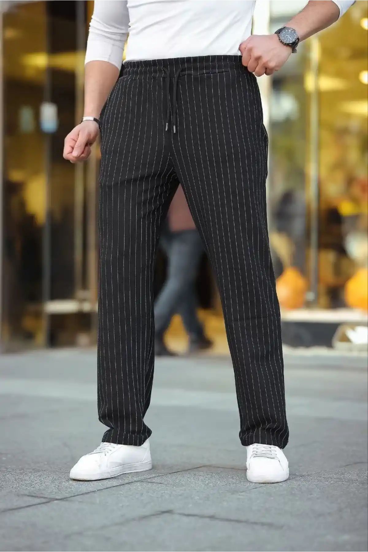 Erkek Cizgili Dokuma Krep Jogger Buggy Pantalon Rahat kalıp - Siyah