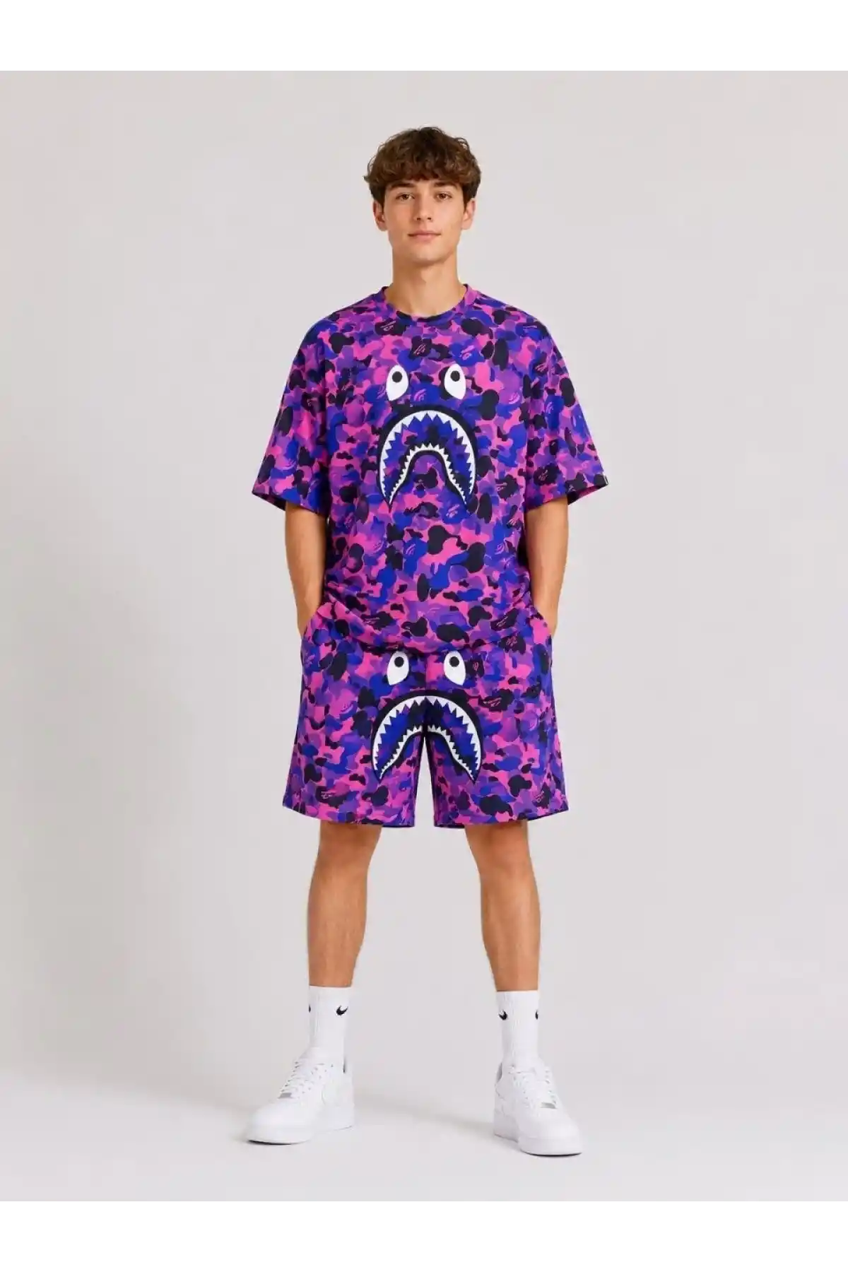 Erkek Çocuk Oversize Kalıp Pubg Bape X Shark Nakışlı Cepli Şort Takım - Mor