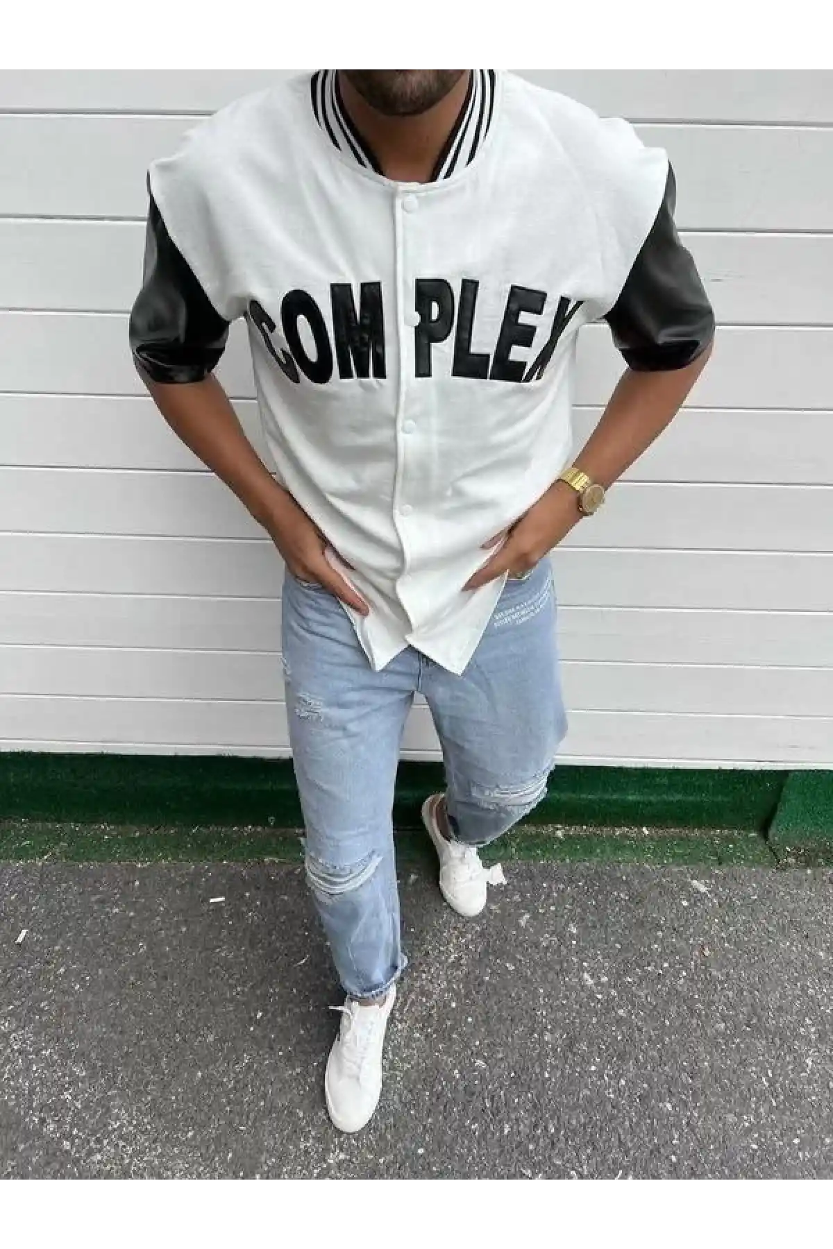 Erkek Complex Kolları Deri Kolej Oversize T-Shirt - Beyaz