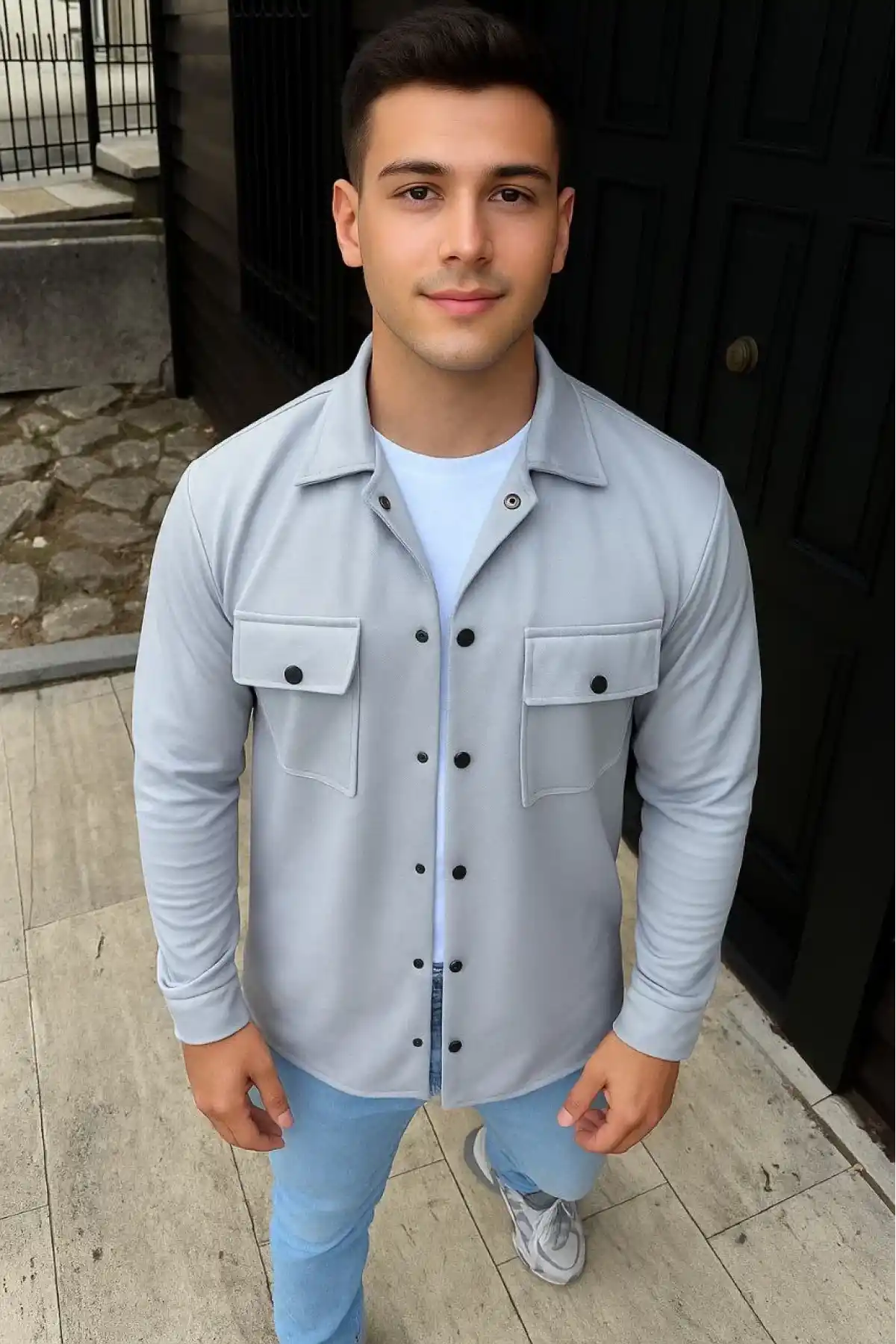 Erkek Diagonal Kumaş Cepli Çıtçıtlı uzun Kollu, Gömlek Oversize Rahat Kalıp Günlük Şık Stil - Gri
