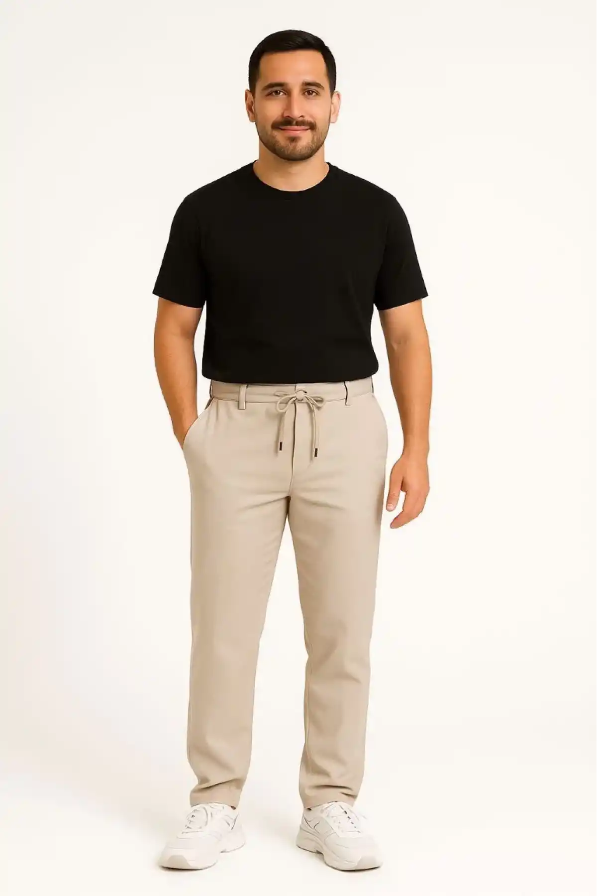 Erkek Diagonel Mikro dokulu Cepli Pantolon - Bej