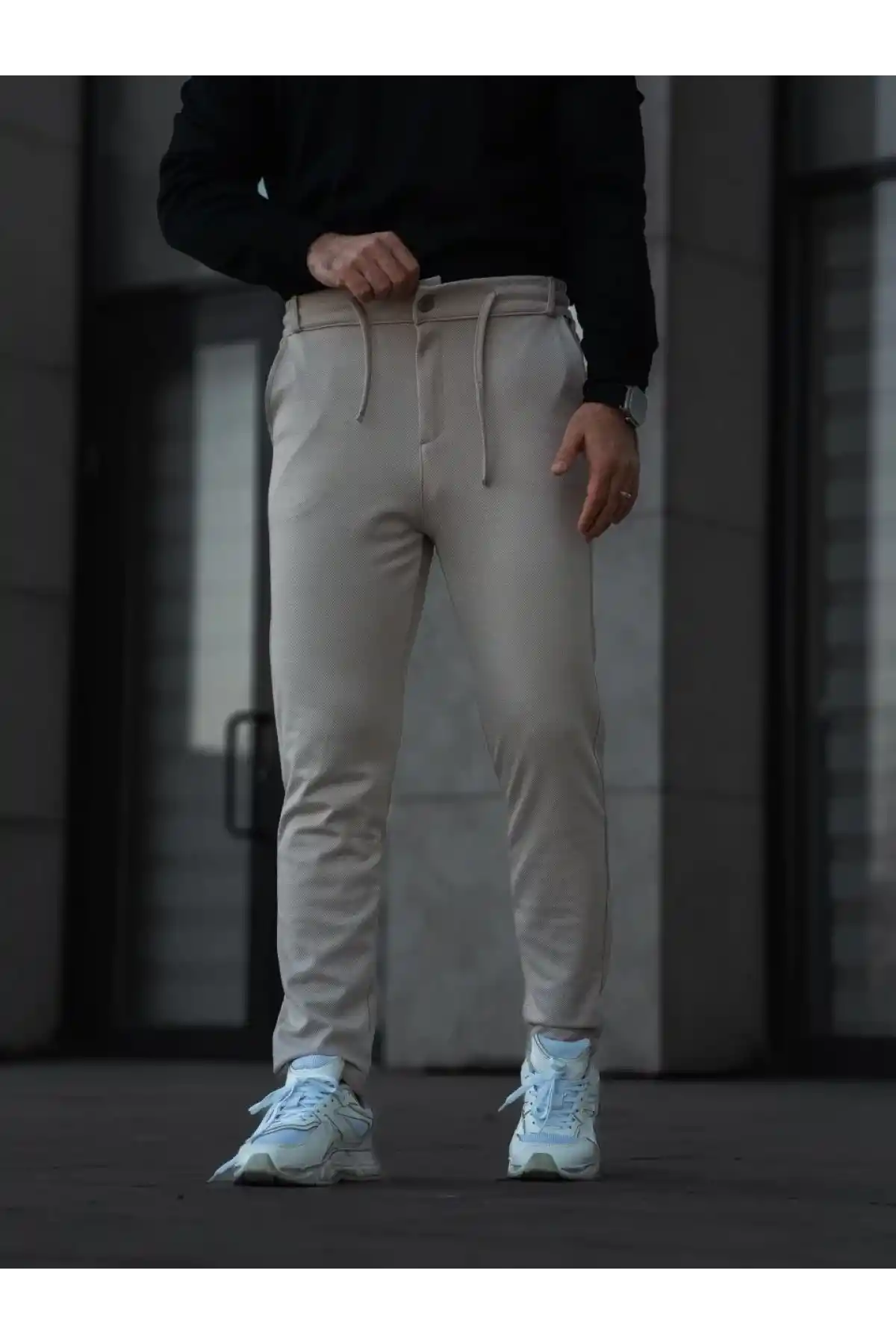 Erkek Diagonel Mikro dokulu Cepli Pantolon - Bej