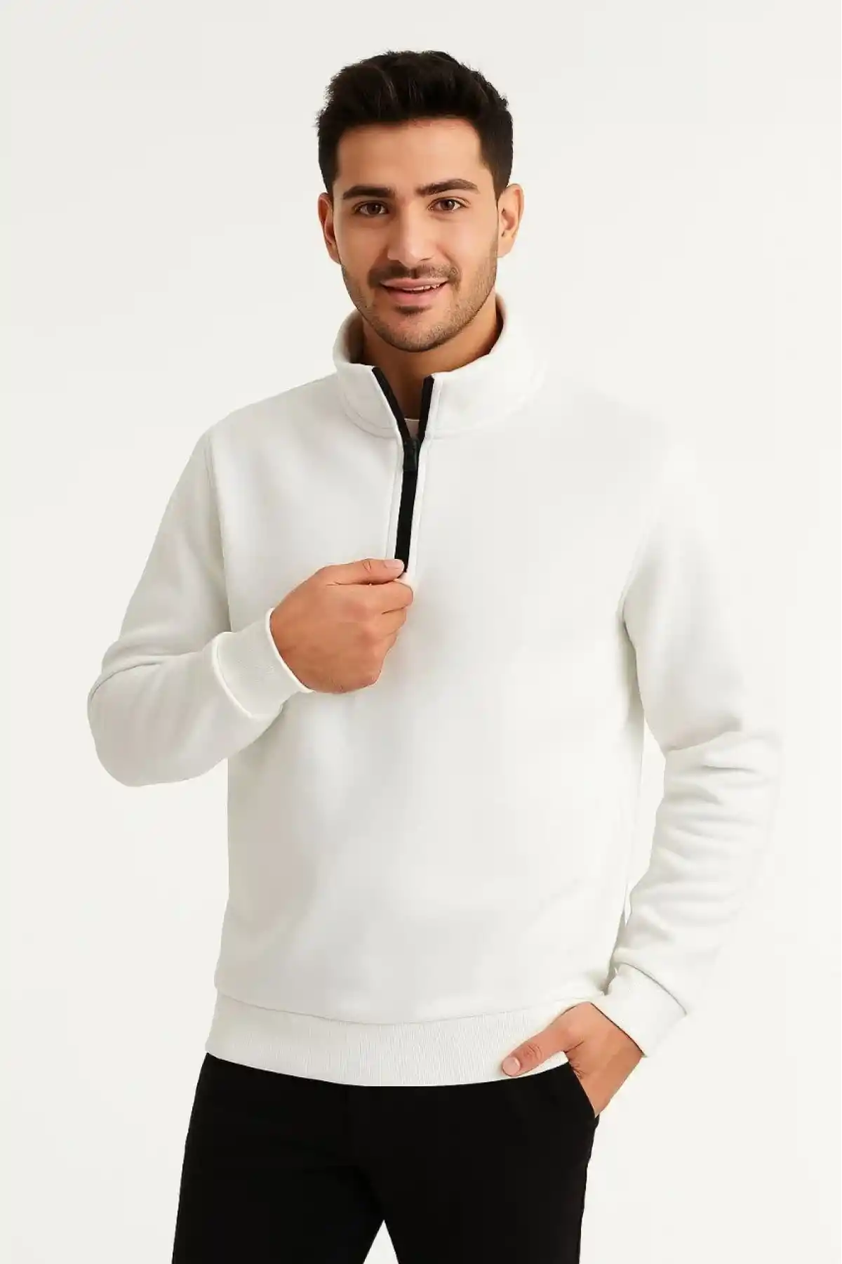 Erkek Dik Yaka Sweatshirt Dik Yaka Yarım Fermuarlı 3 İplik Şardonlu Pamuk Kumaş - Beyaz