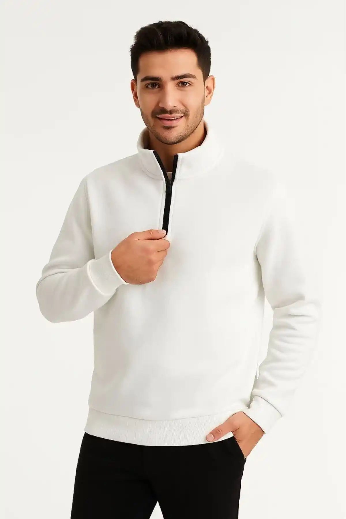 Erkek Dik Yaka Sweatshirt Dik Yaka Yarım Fermuarlı 3 İplik Şardonlu Pamuk Kumaş - Beyaz