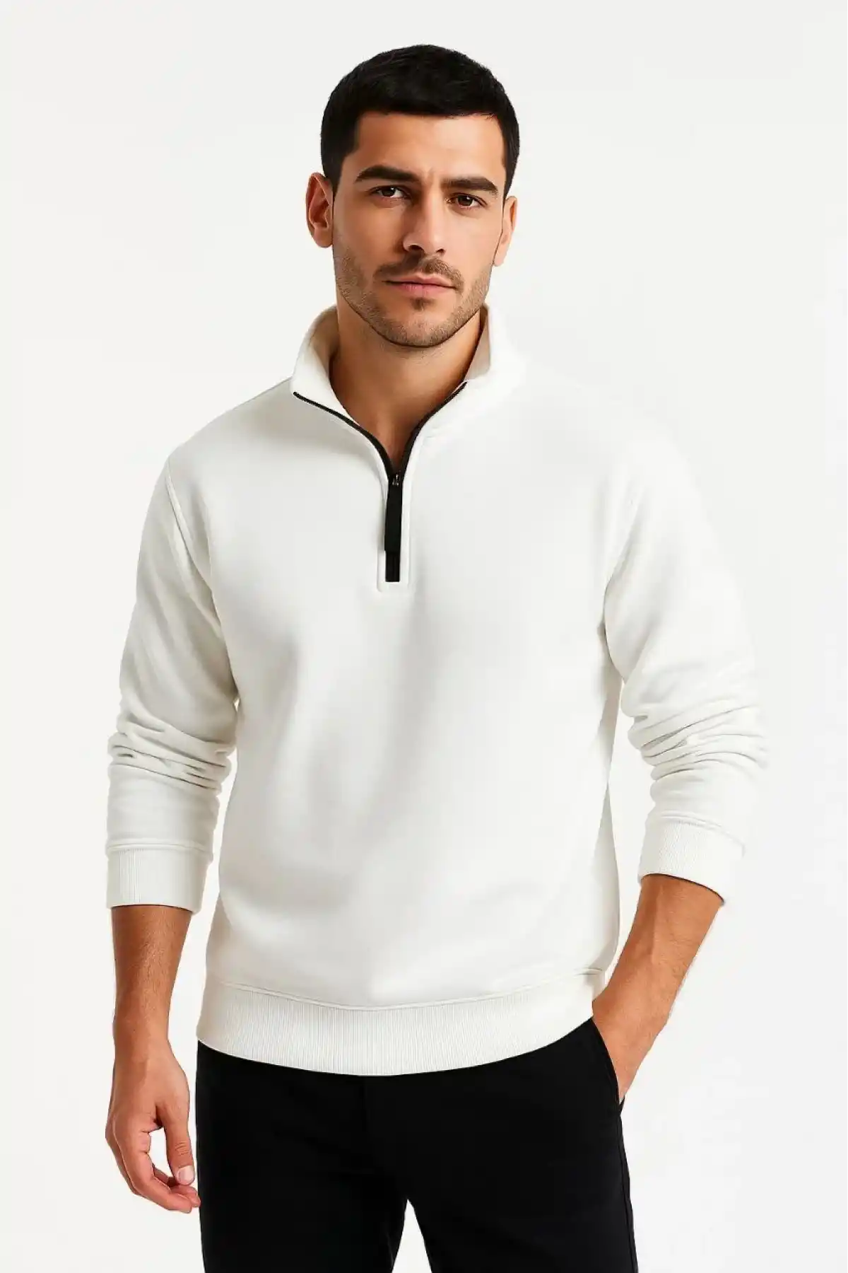 Erkek Dik Yaka Sweatshirt Dik Yaka Yarım Fermuarlı 3 İplik Şardonlu Pamuk Kumaş - Beyaz