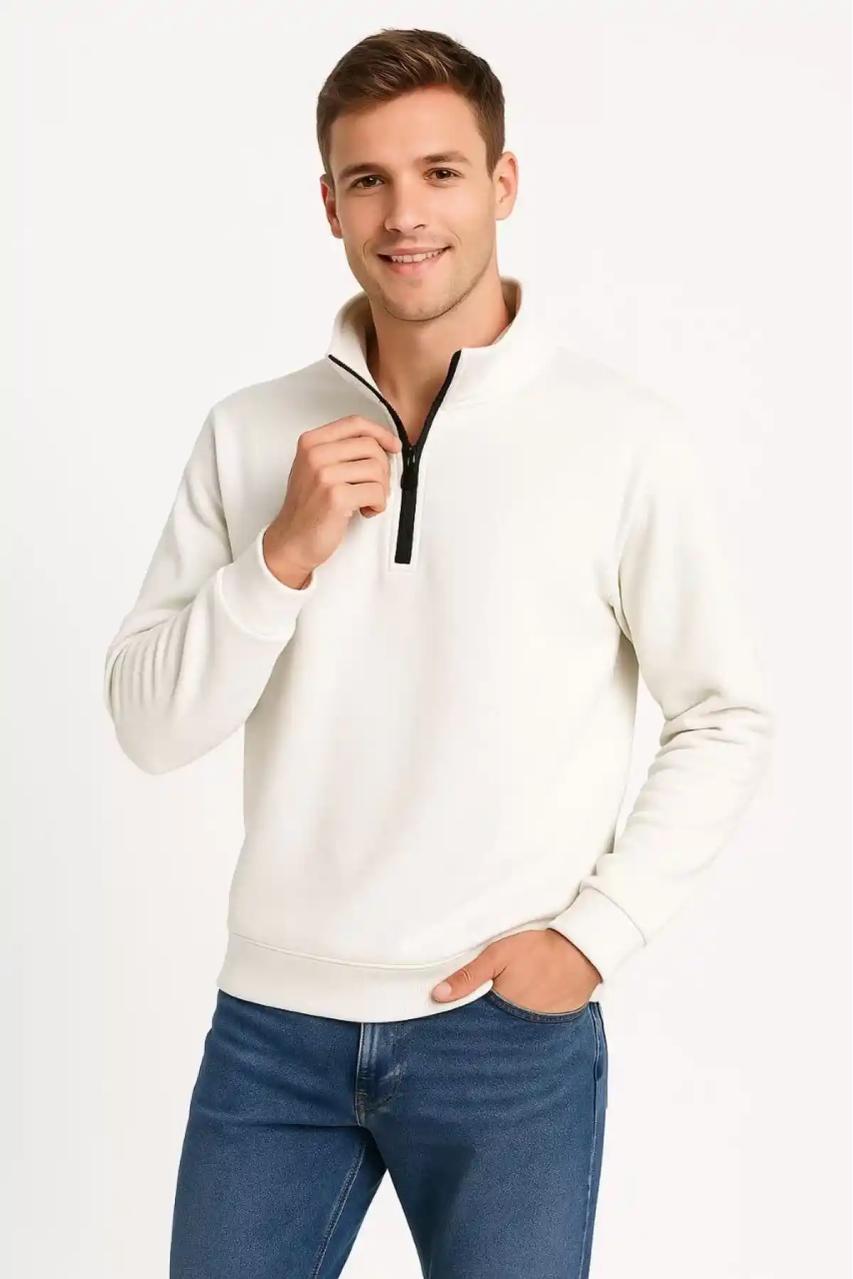 Erkek Dik Yaka Sweatshirt Dik Yaka Yarım Fermuarlı 3 İplik Şardonlu Pamuk Kumaş - Beyaz