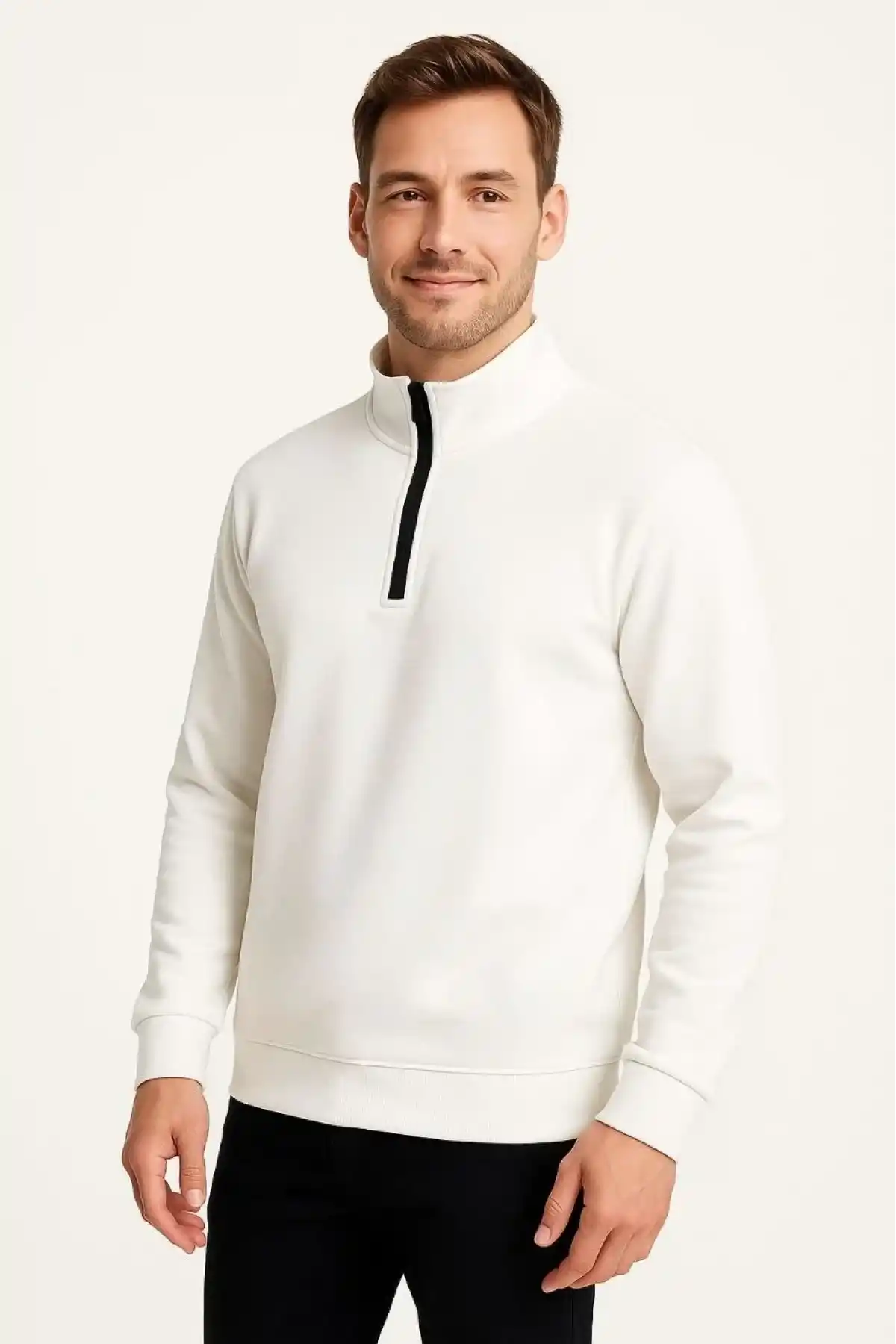 Erkek Dik Yaka Sweatshirt Dik Yaka Yarım Fermuarlı 3 İplik Şardonlu Pamuk Kumaş - Beyaz