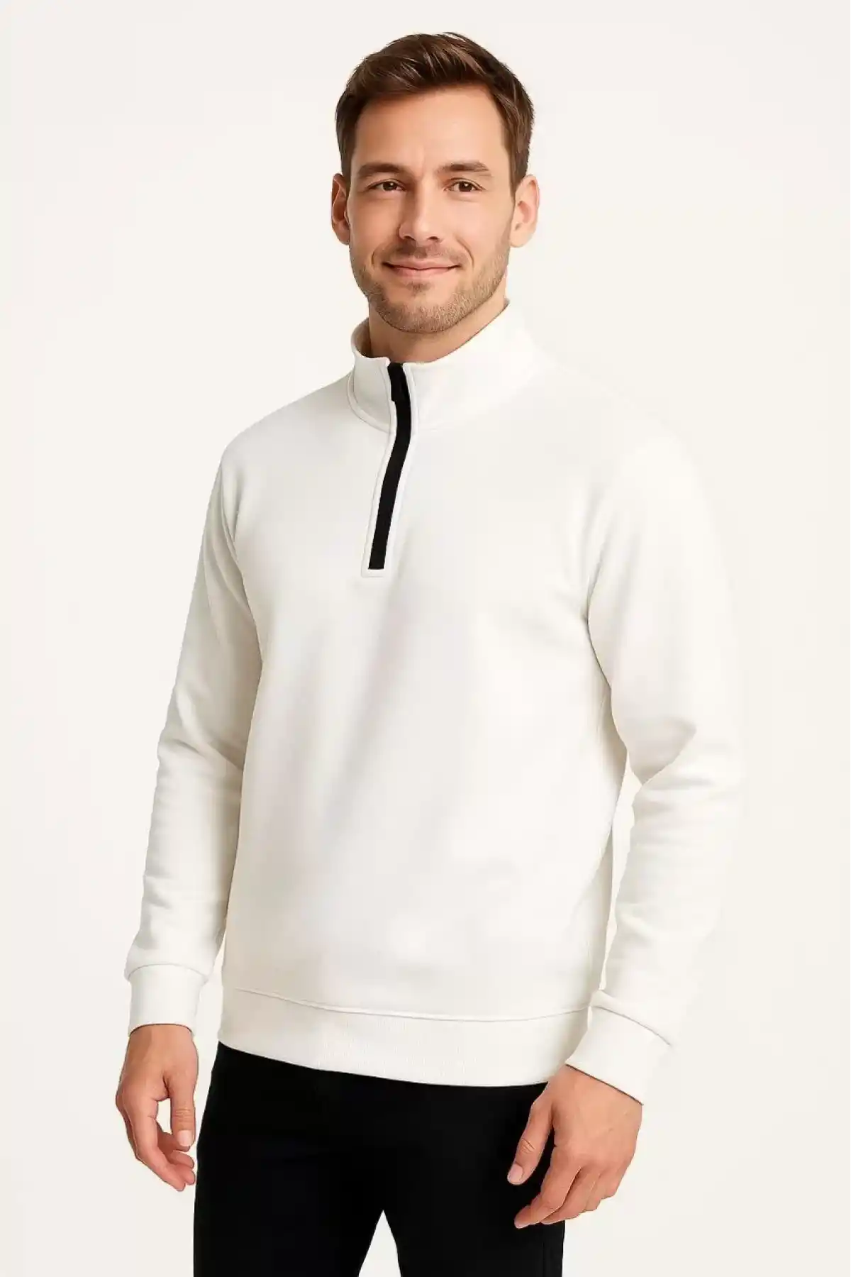 Erkek Dik Yaka Sweatshirt Dik Yaka Yarım Fermuarlı 3 İplik Şardonlu Pamuk Kumaş - Beyaz