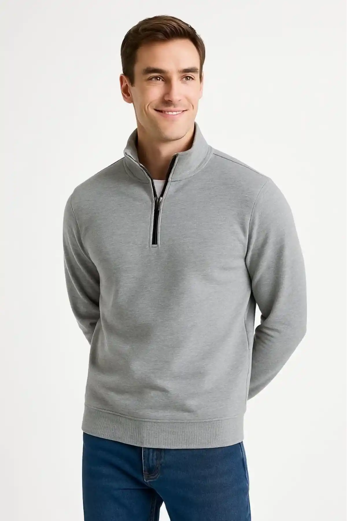 Erkek Dik Yaka Sweatshirt Dik Yaka Yarım Fermuarlı 3 İplik Şardonlu Pamuk Kumaş - Gri