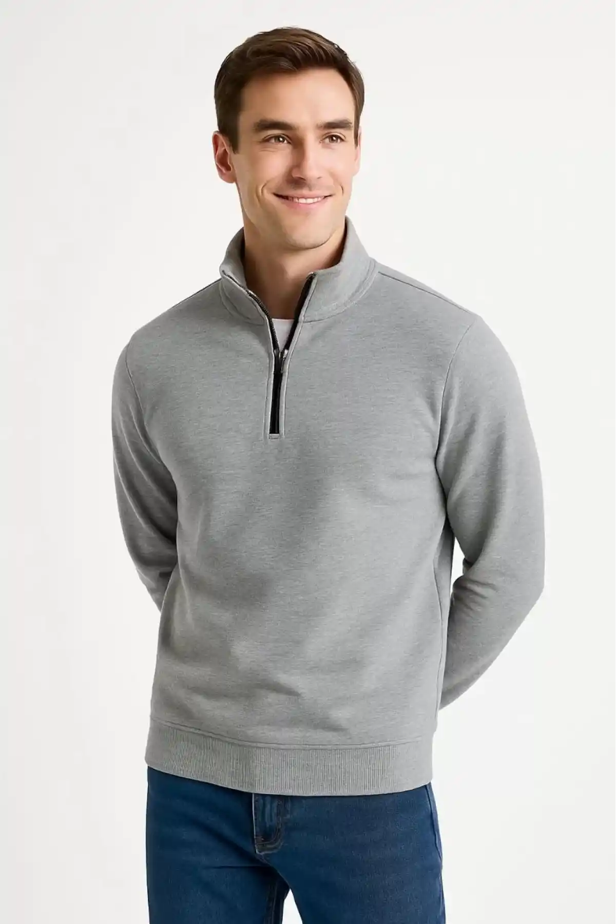 Erkek Dik Yaka Sweatshirt Dik Yaka Yarım Fermuarlı 3 İplik Şardonlu Pamuk Kumaş - Gri