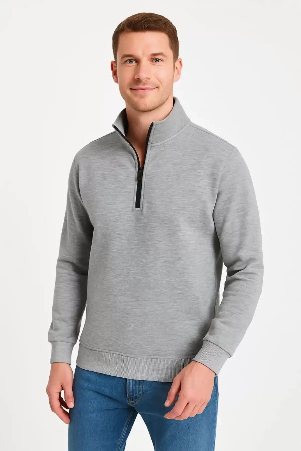 Erkek Dik Yaka Sweatshirt Dik Yaka Yarım Fermuarlı 3 İplik Şardonlu Pamuk Kumaş - Gri
