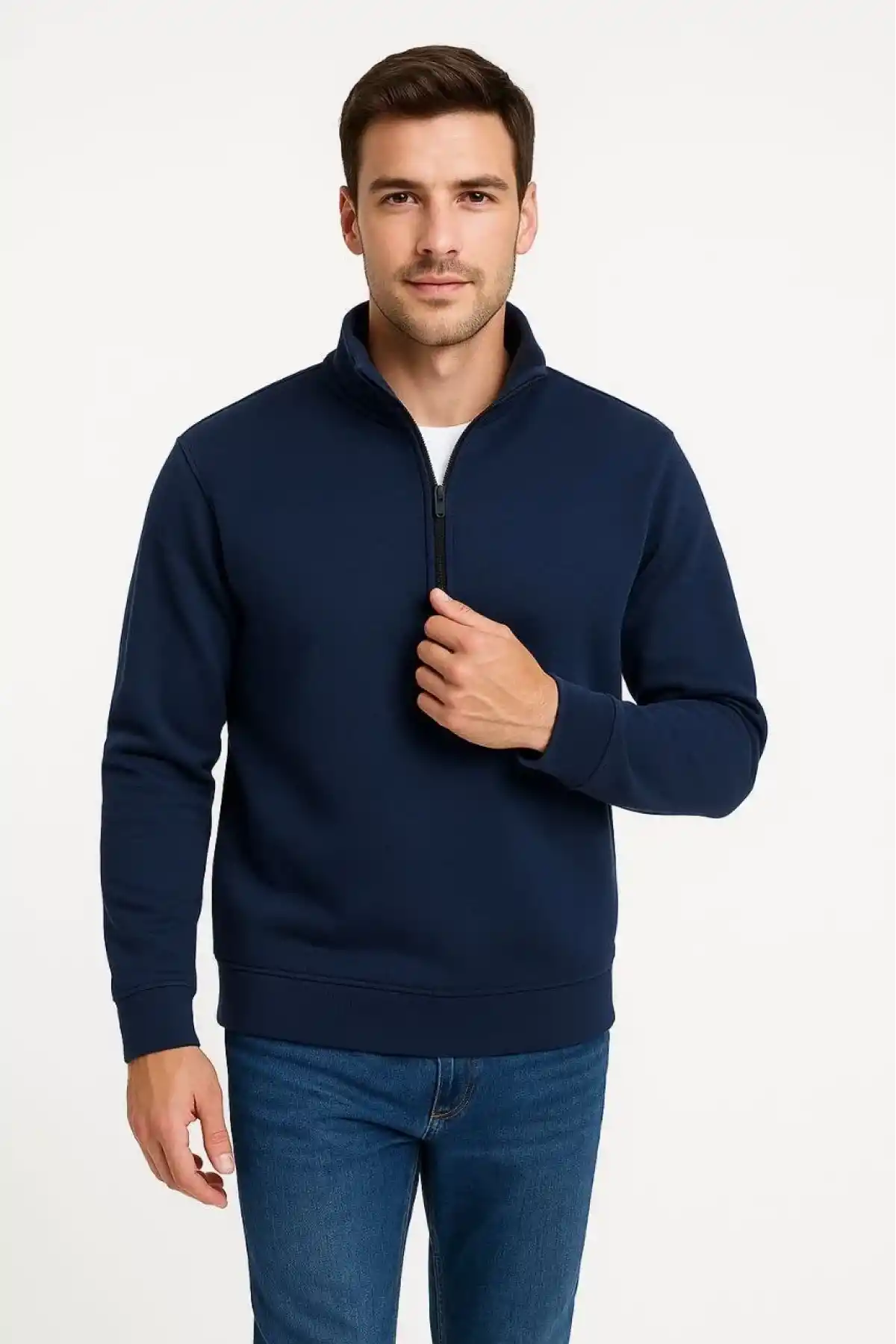 Erkek Dik Yaka Sweatshirt Dik Yaka Yarım Fermuarlı 3 İplik Şardonlu Pamuk Kumaş - Lacivert
