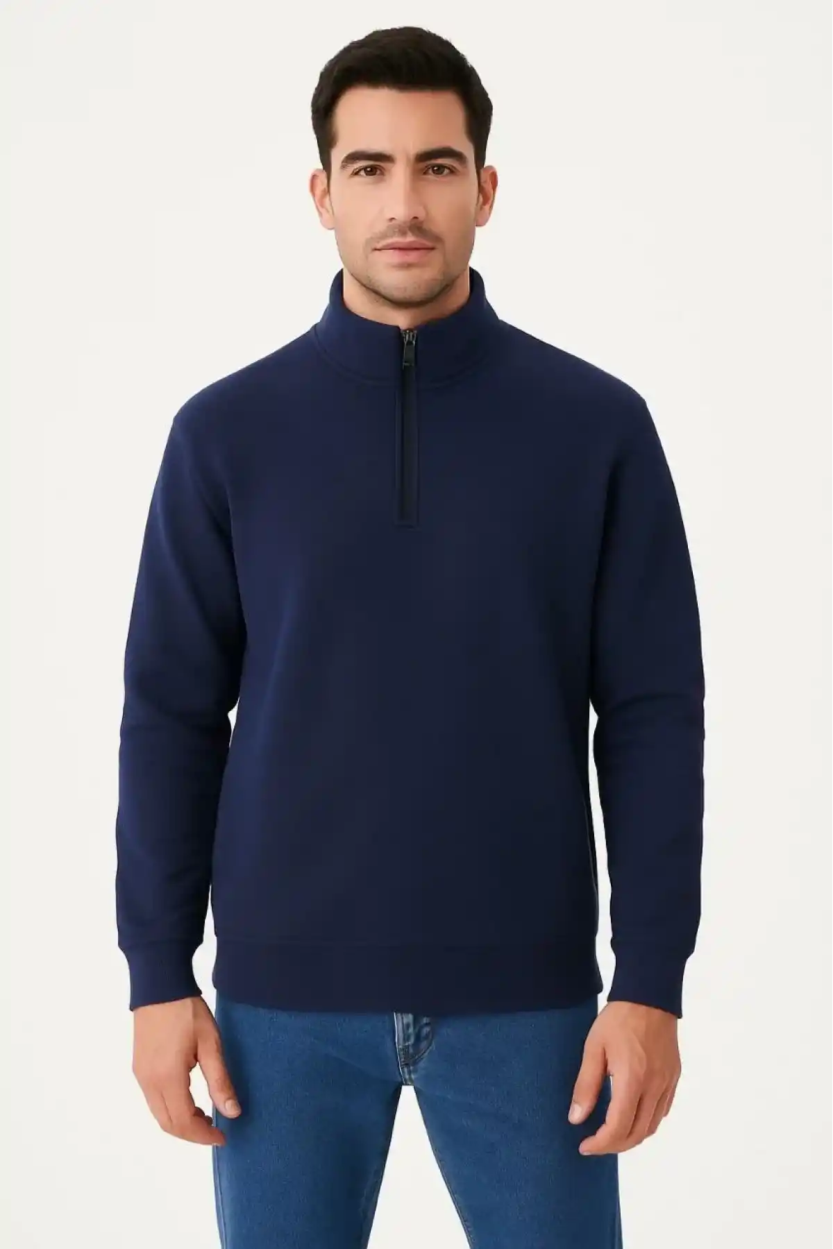 Erkek Dik Yaka Sweatshirt Dik Yaka Yarım Fermuarlı 3 İplik Şardonlu Pamuk Kumaş - Lacivert