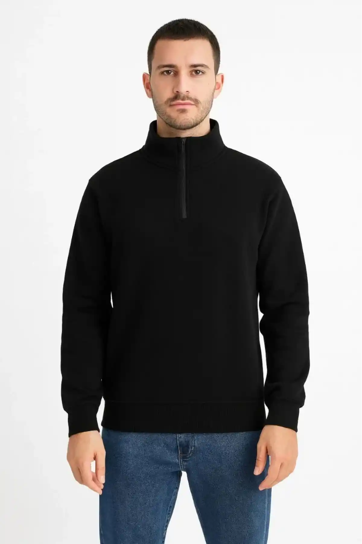 Erkek Dik Yaka Sweatshirt Dik Yaka Yarım Fermuarlı 3 İplik Şardonlu Pamuk Kumaş - Siyah
