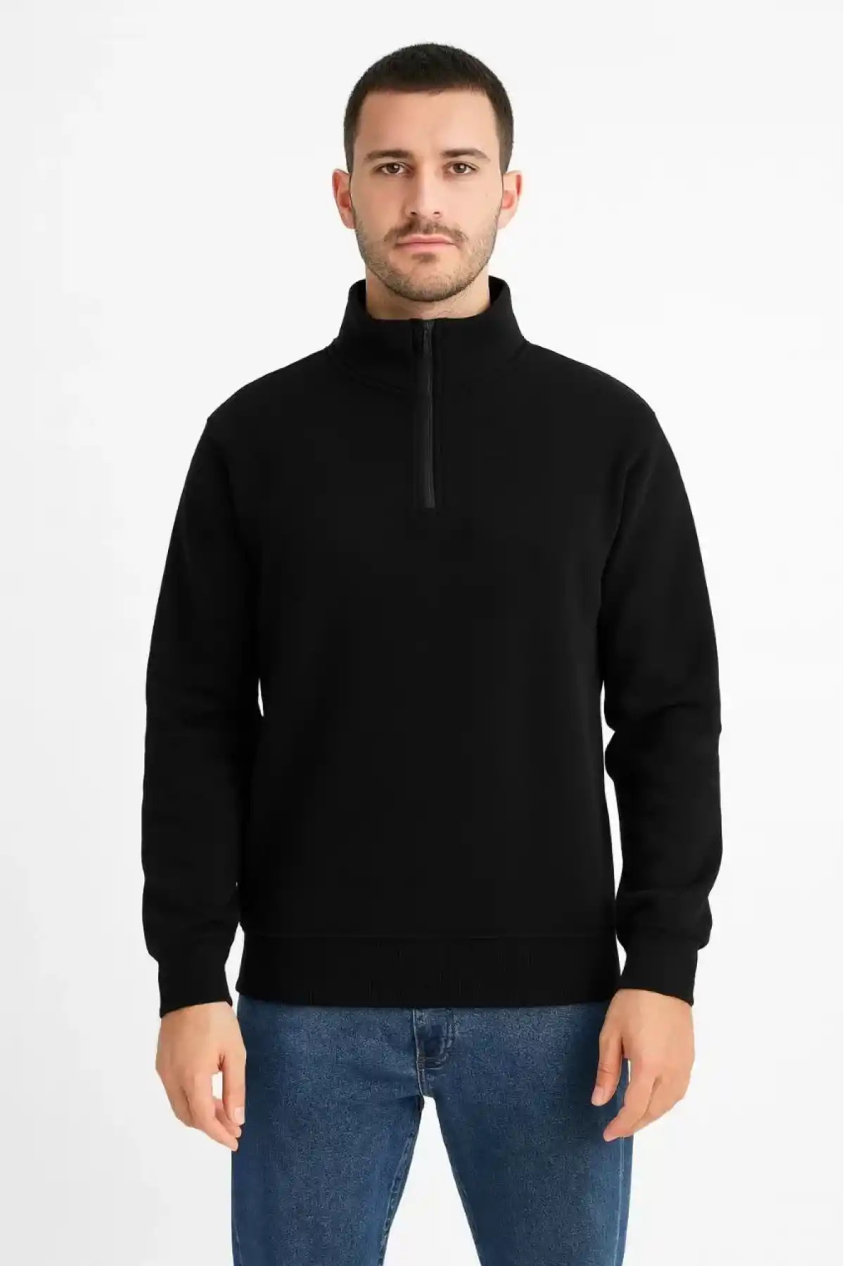 Erkek Dik Yaka Sweatshirt Dik Yaka Yarım Fermuarlı 3 İplik Şardonlu Pamuk Kumaş - Siyah