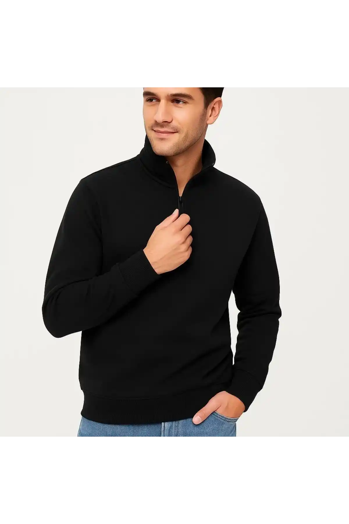 Erkek Dik Yaka Sweatshirt Dik Yaka Yarım Fermuarlı 3 İplik Şardonlu Pamuk Kumaş - Siyah