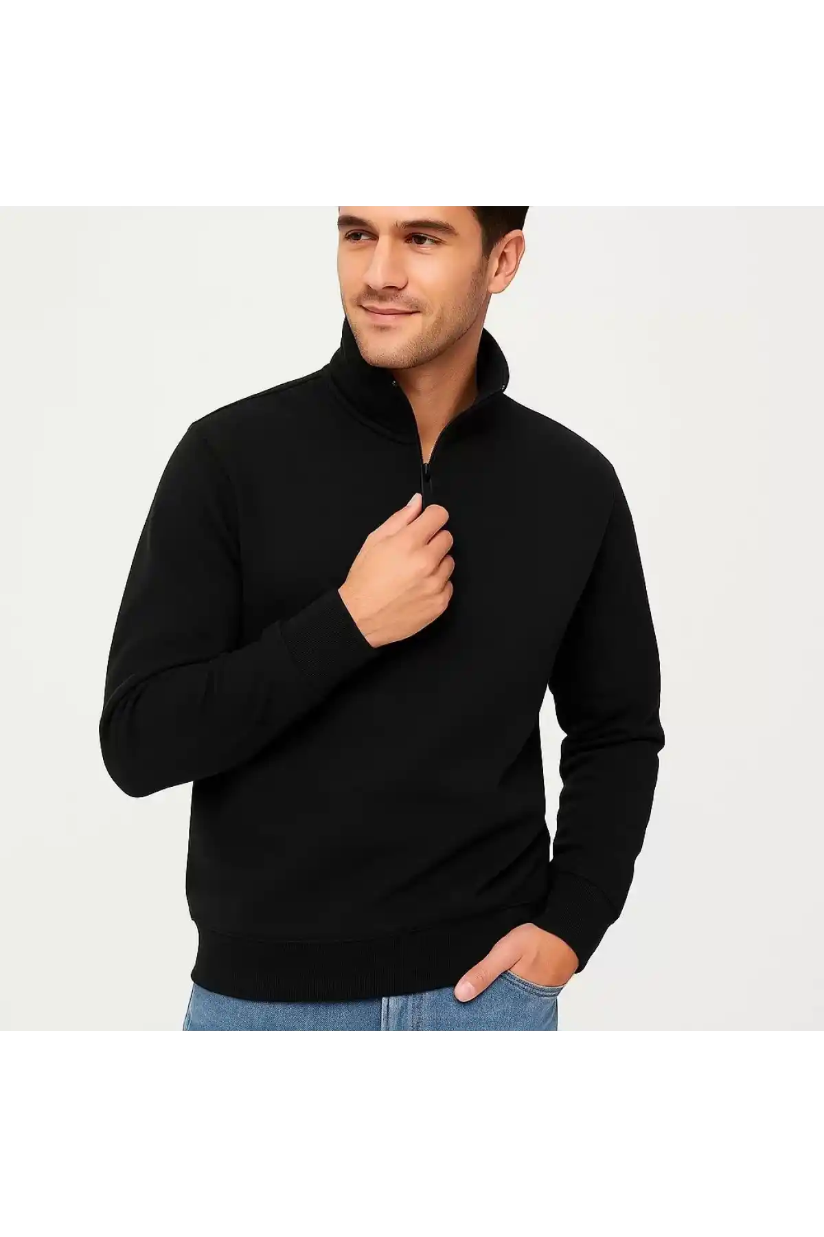 Erkek Dik Yaka Sweatshirt Dik Yaka Yarım Fermuarlı 3 İplik Şardonlu Pamuk Kumaş - Siyah