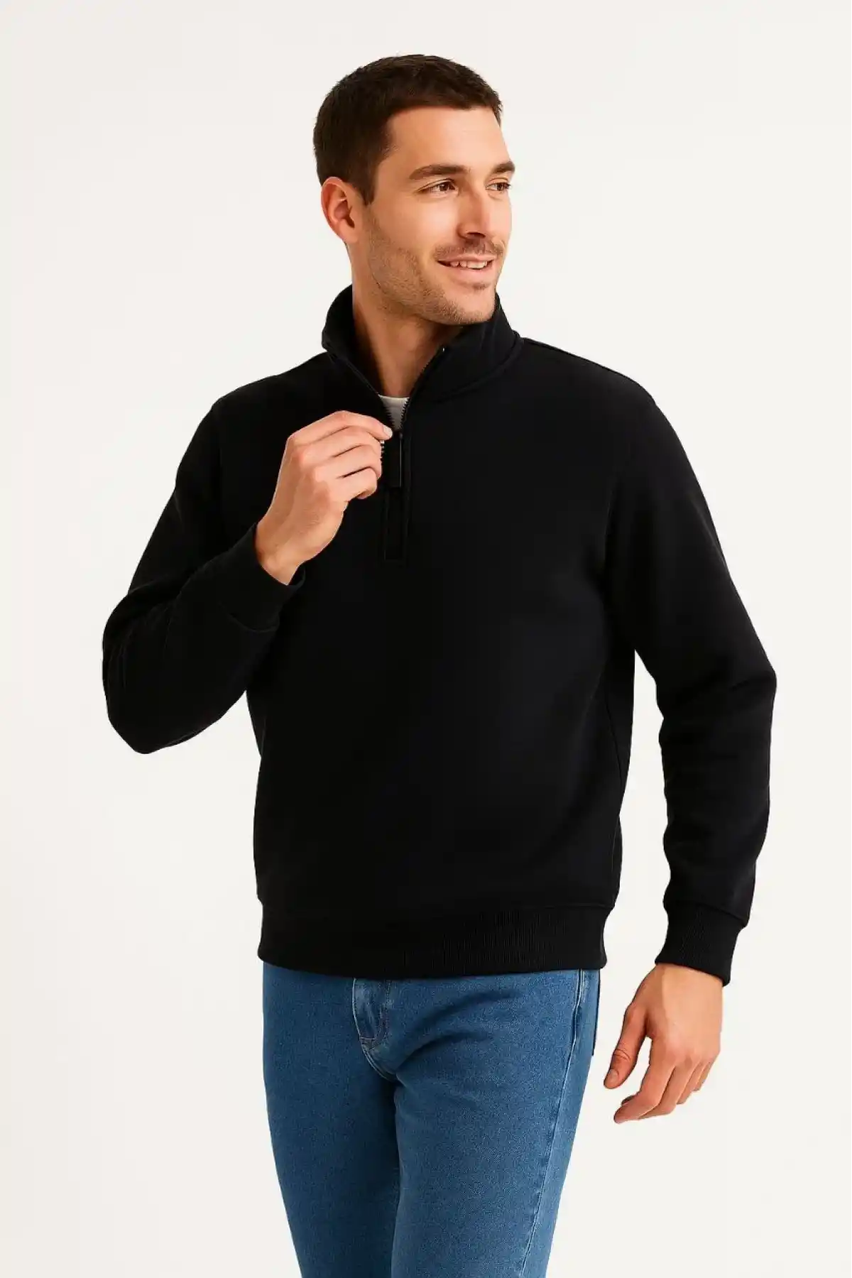 Erkek Dik Yaka Sweatshirt Dik Yaka Yarım Fermuarlı 3 İplik Şardonlu Pamuk Kumaş - Siyah