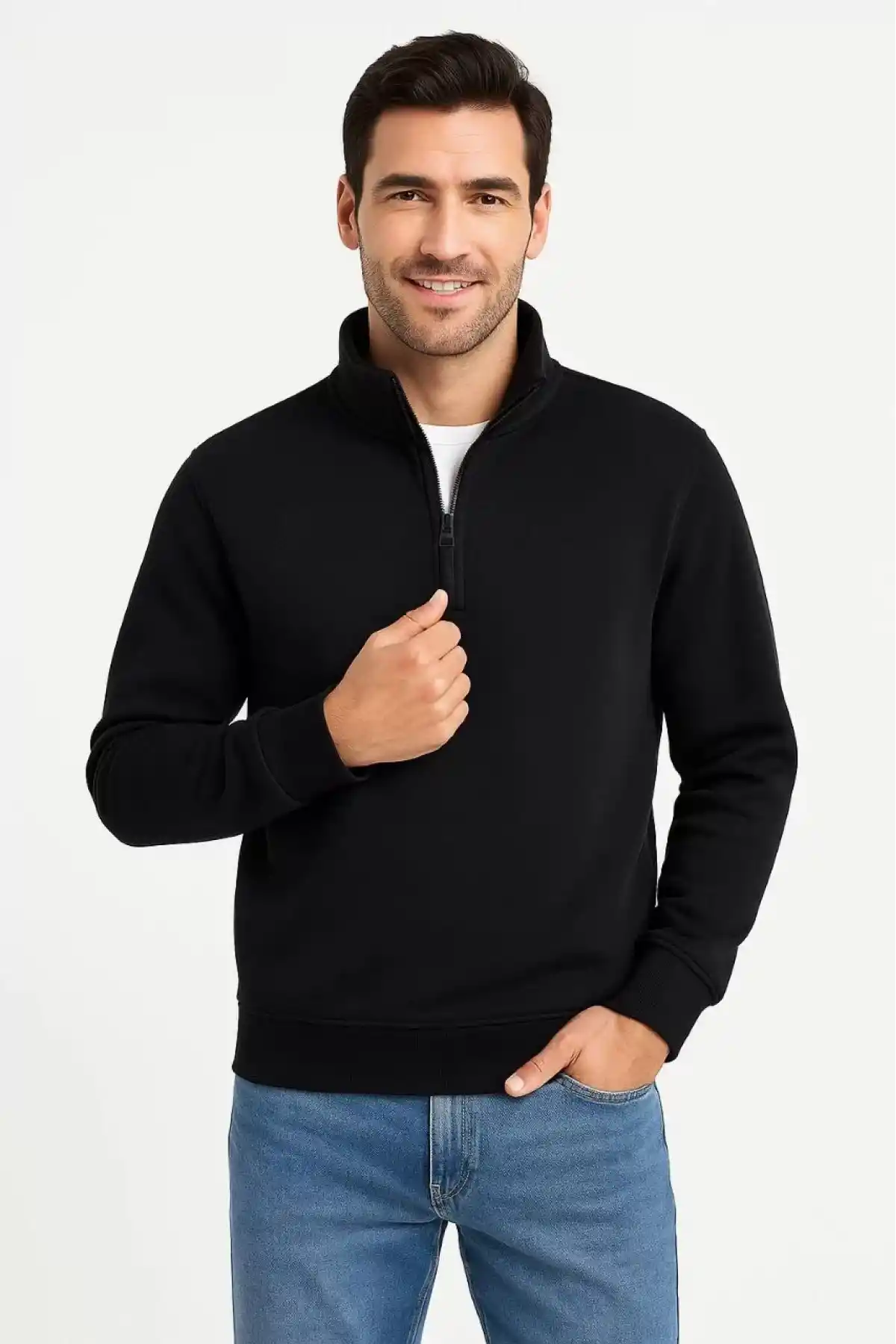 Erkek Dik Yaka Sweatshirt Dik Yaka Yarım Fermuarlı 3 İplik Şardonlu Pamuk Kumaş - Siyah