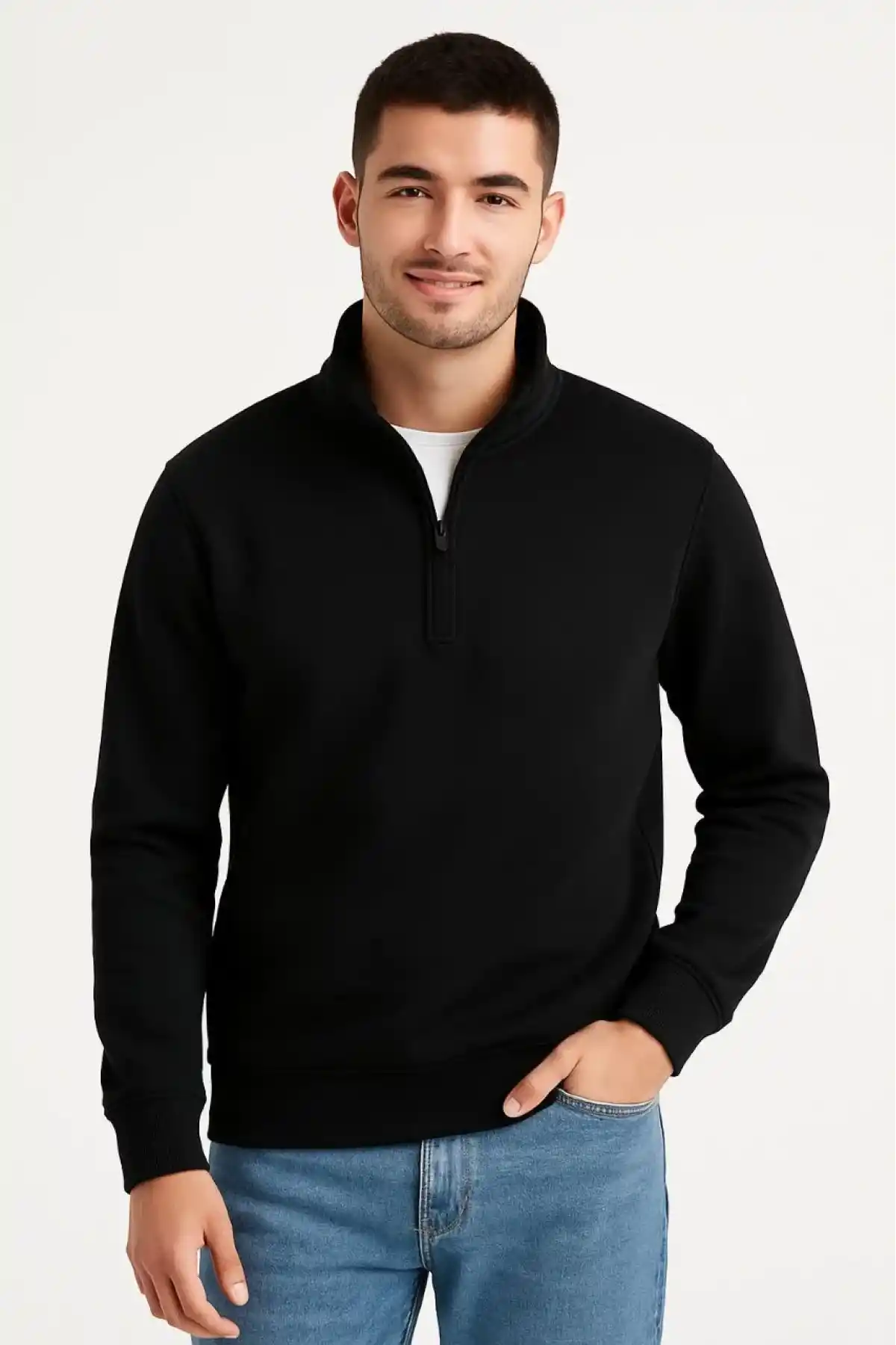 Erkek Dik Yaka Sweatshirt Dik Yaka Yarım Fermuarlı 3 İplik Şardonlu Pamuk Kumaş - Siyah