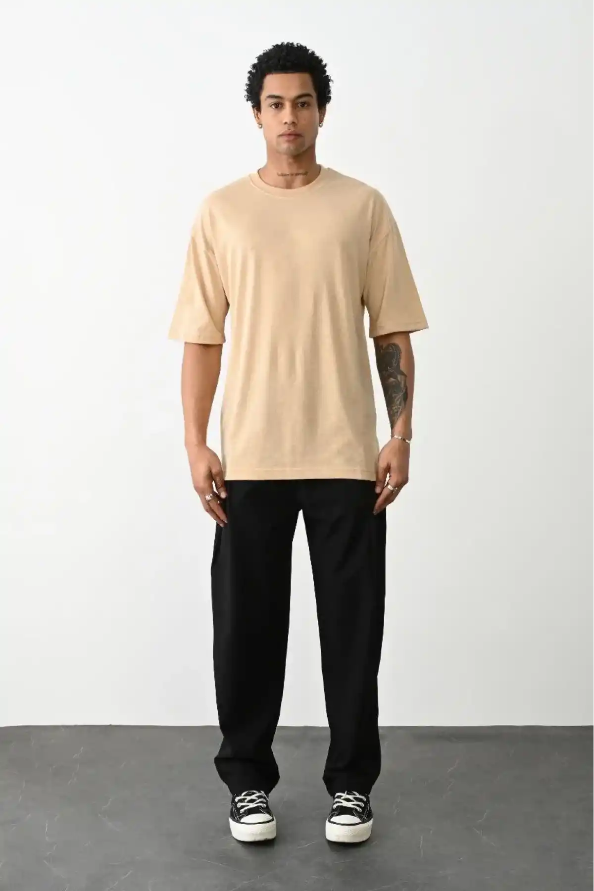 Erkek Düz Basic Bisiklet Yaka Kısa kol T-Shirt - Bej