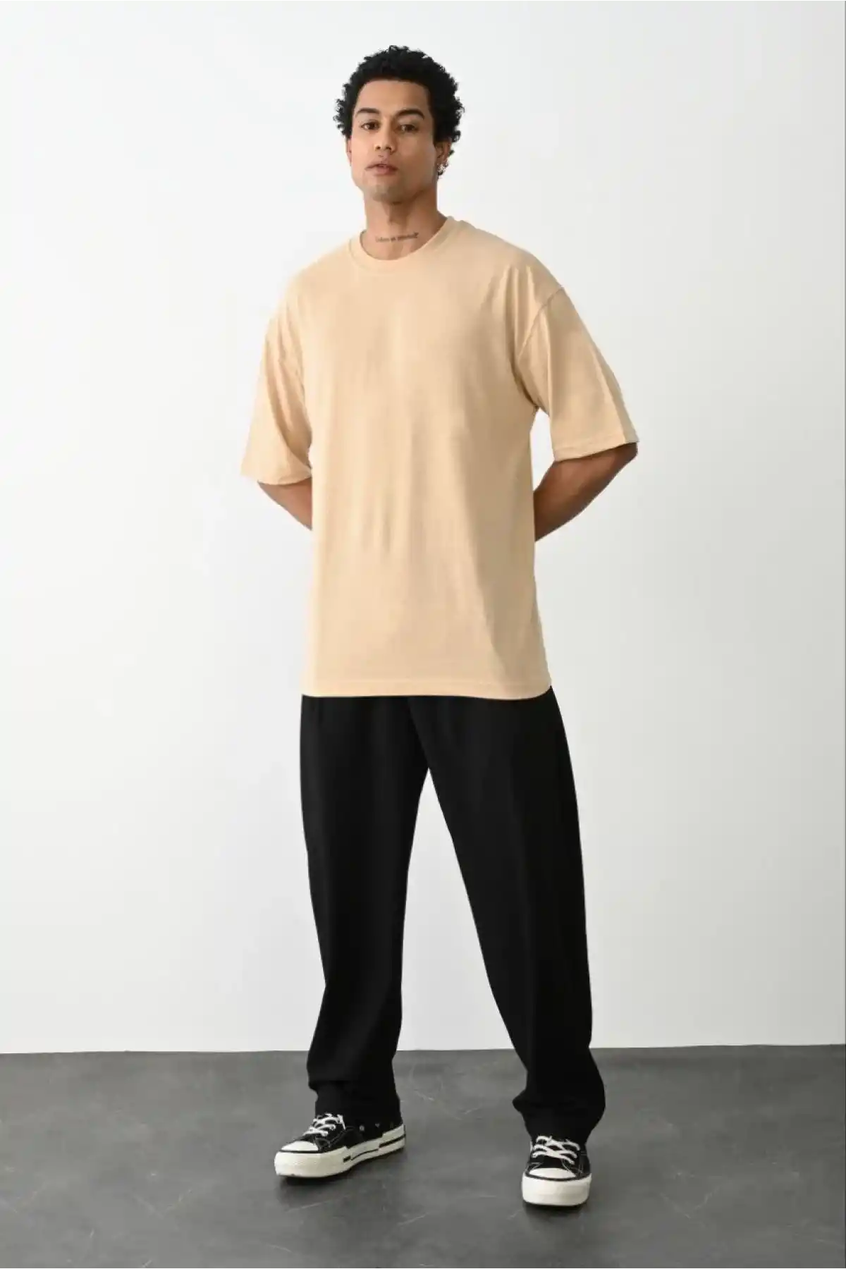 Erkek Düz Basic Bisiklet Yaka Kısa kol T-Shirt - Bej