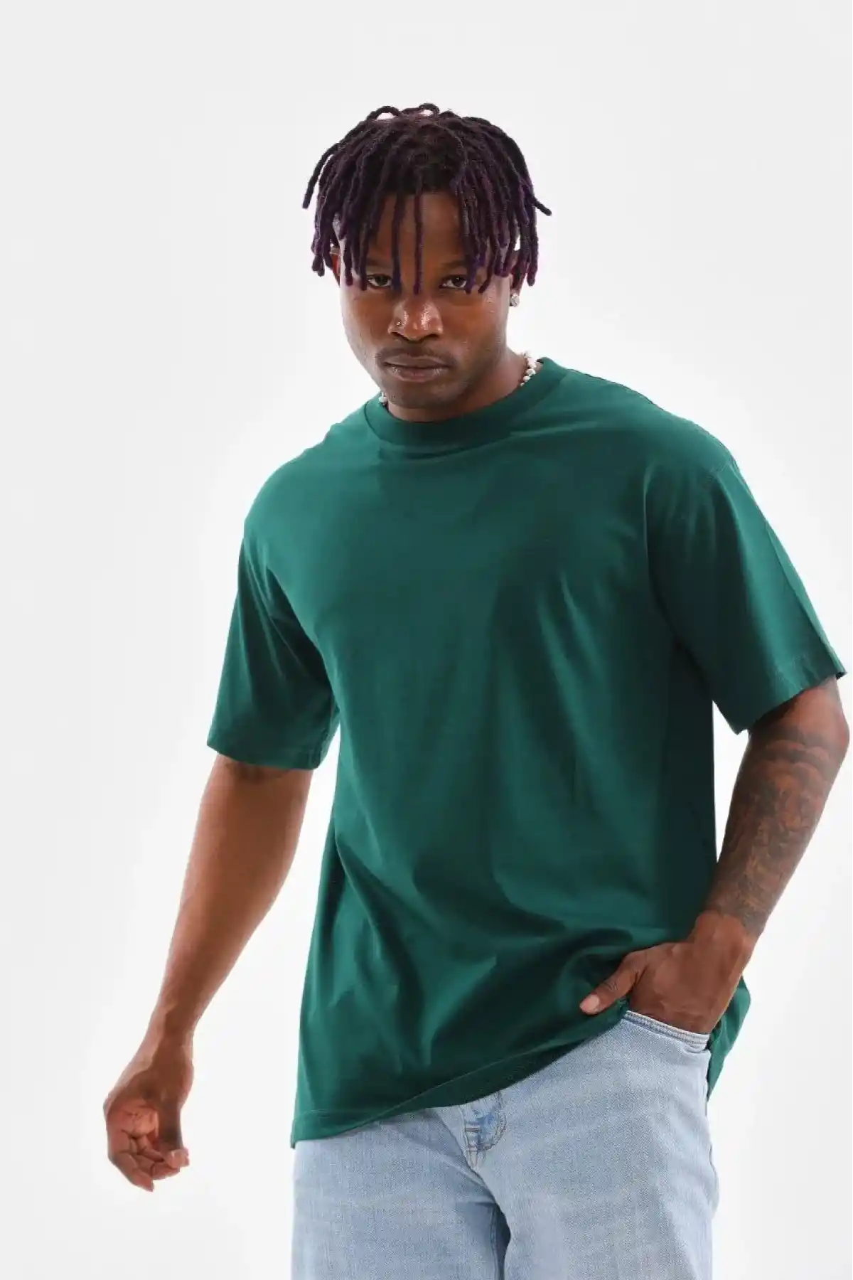 erkek  Düz Bisiklet Yaka T-Shirt - Koyu Yeşili