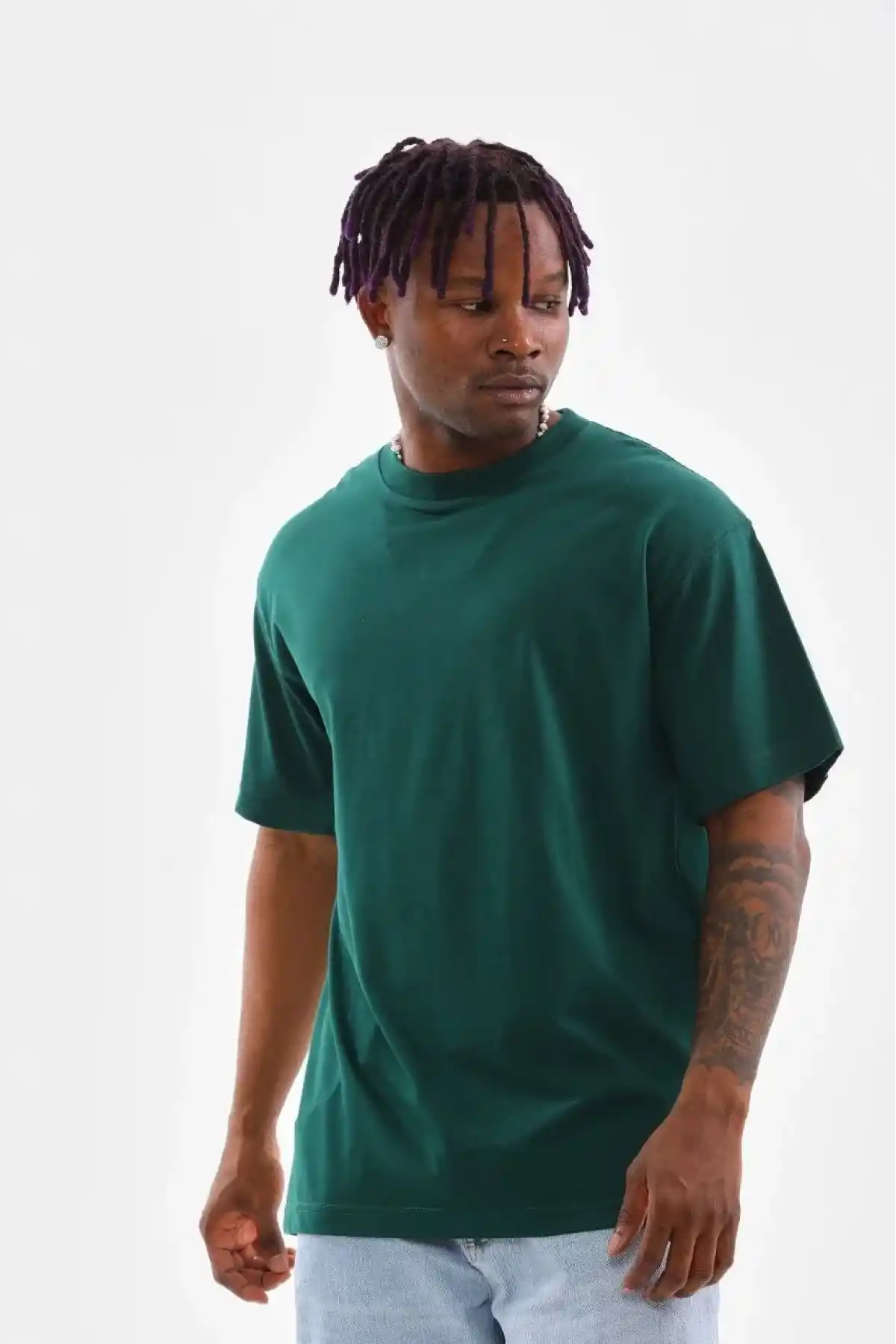 erkek  Düz Bisiklet Yaka T-Shirt - Koyu Yeşili