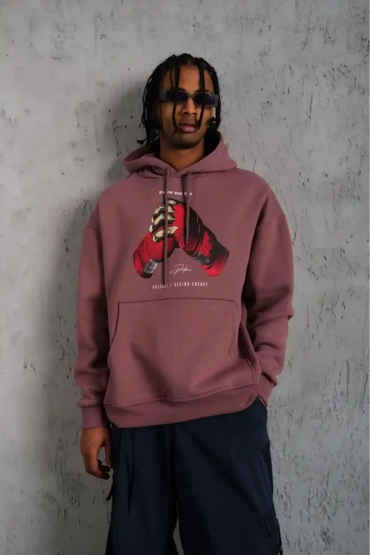 Erkek Eldiven Baskılı Kapüşonlu Sweat - Gül Kurusu