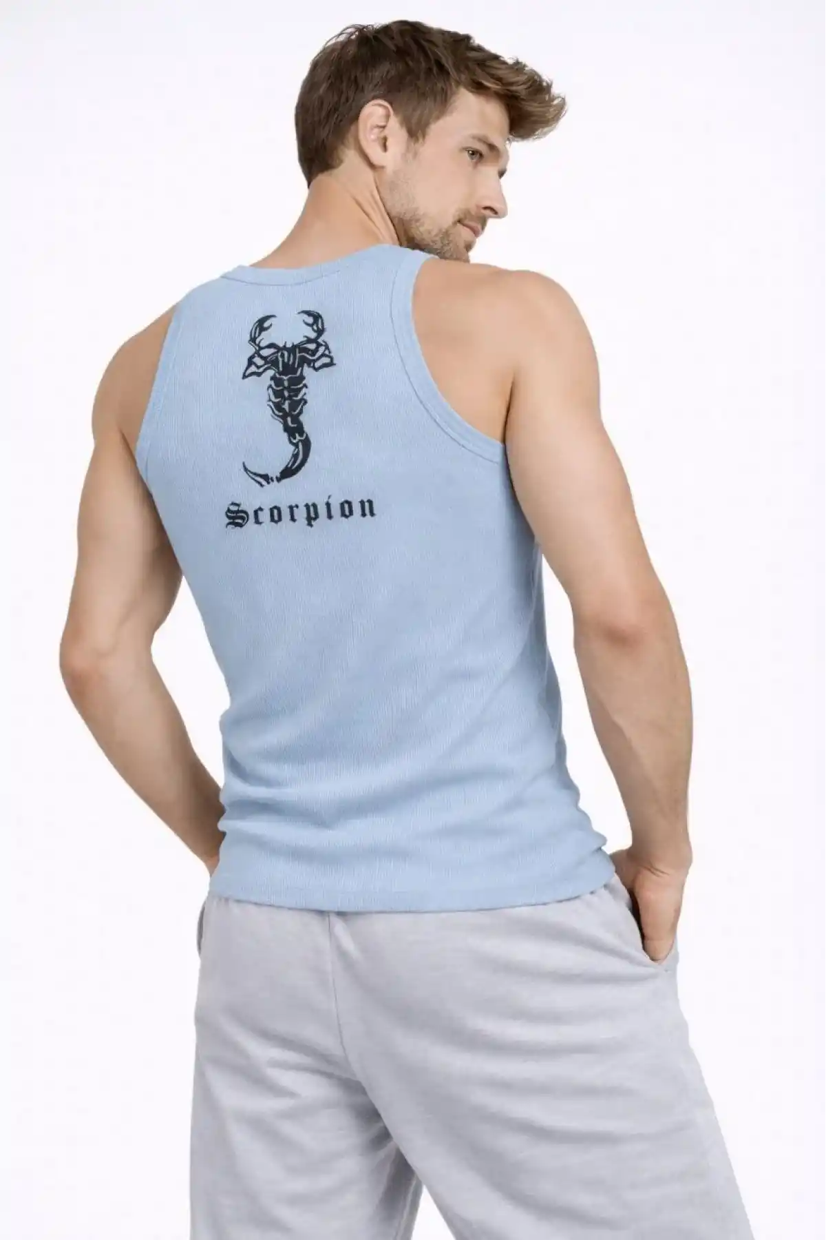 Erkek Fitilli Atlet Sıfır Yaka Slim Fit Arka Baskılı Spor Atlet - Bebe Mavisi