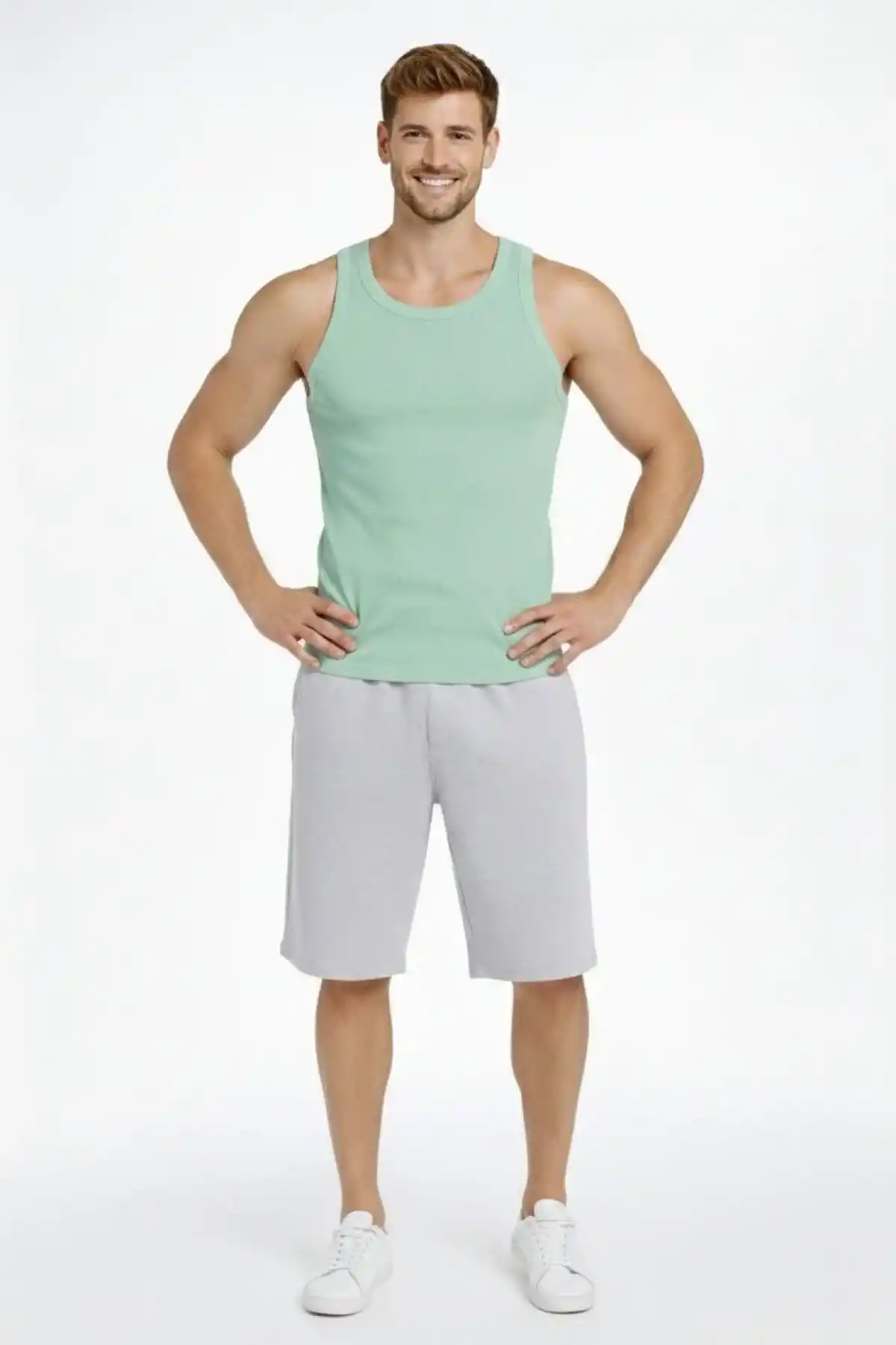 Erkek Fitilli Atlet Sıfır Yaka Slim Fit Arka Baskılı Spor Atlet - Mint Yeşili