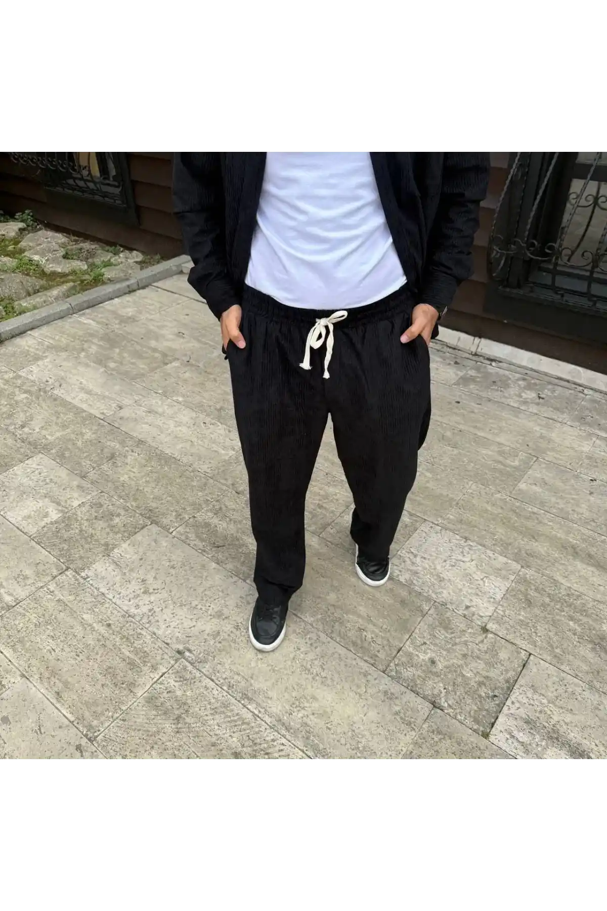 Erkek Fitilli Kadife Cepli Buggy Pantolon Oversize Rahat Kalıp - Siyah