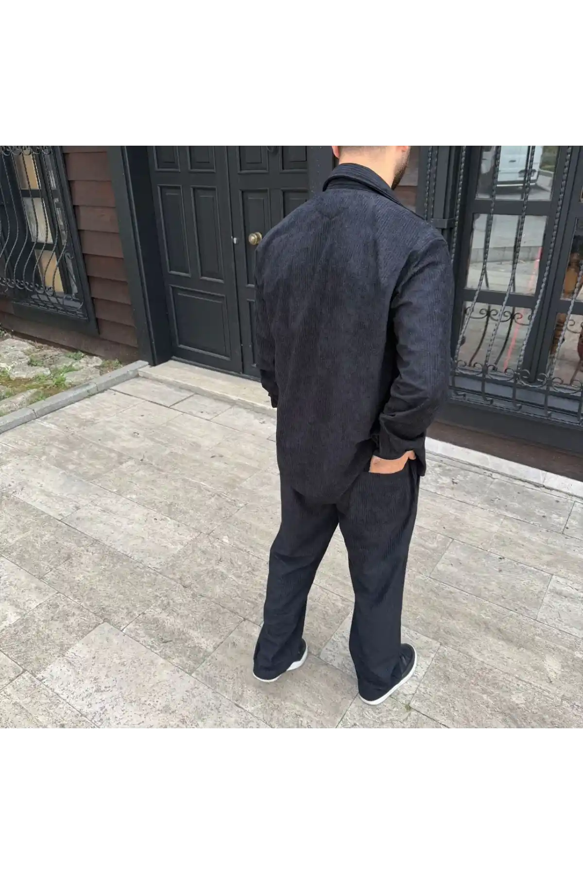 Erkek Fitilli Kadife Cepli Buggy Pantolon Oversize Rahat Kalıp - Siyah