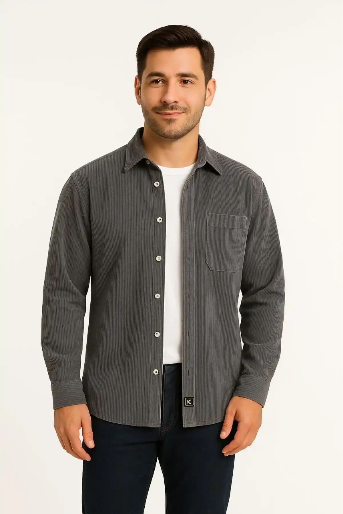 Erkek Fitilli Kadife Cepli Gömlek Oversize Rahat Kalıp - Füme