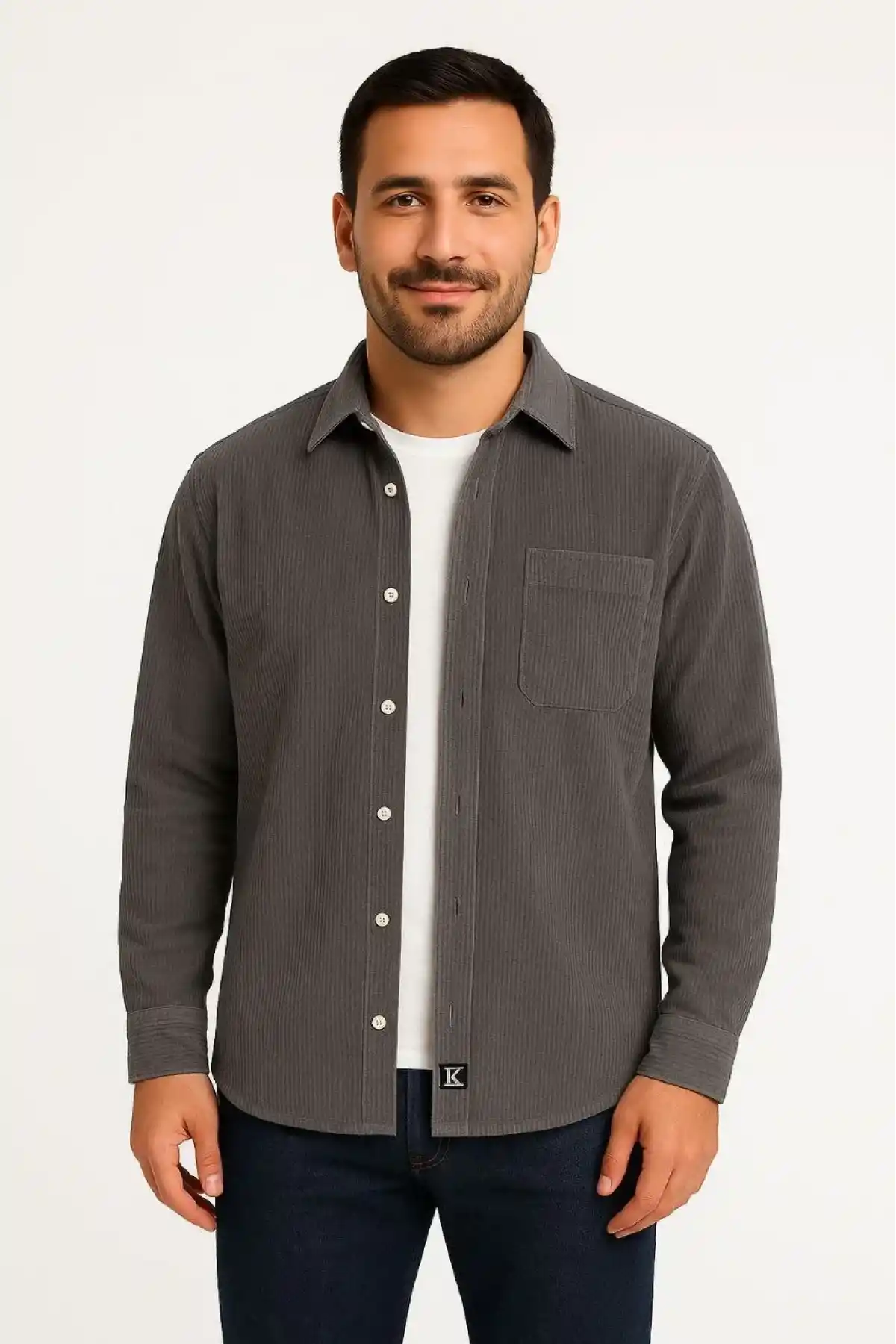 Erkek Fitilli Kadife Cepli Gömlek Oversize Rahat Kalıp - Füme