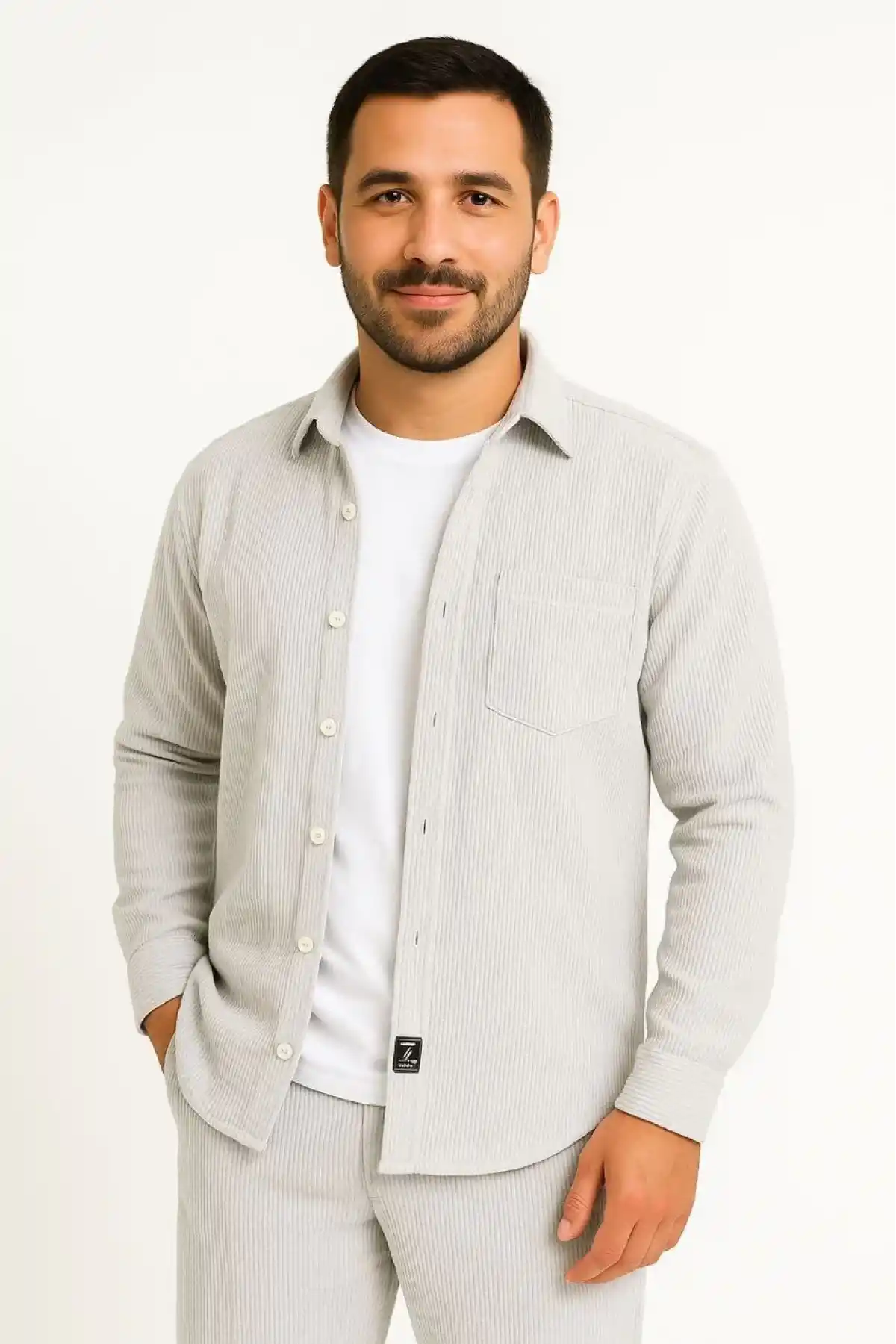 Erkek Fitilli Kadife Cepli Gömlek Oversize Rahat Kalıp - Gri