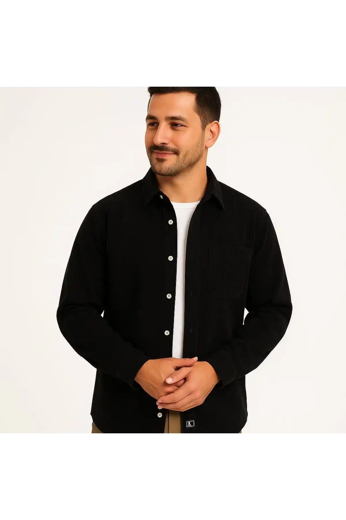 Erkek Fitilli Kadife Cepli Gömlek Oversize Rahat Kalıp - Siyah