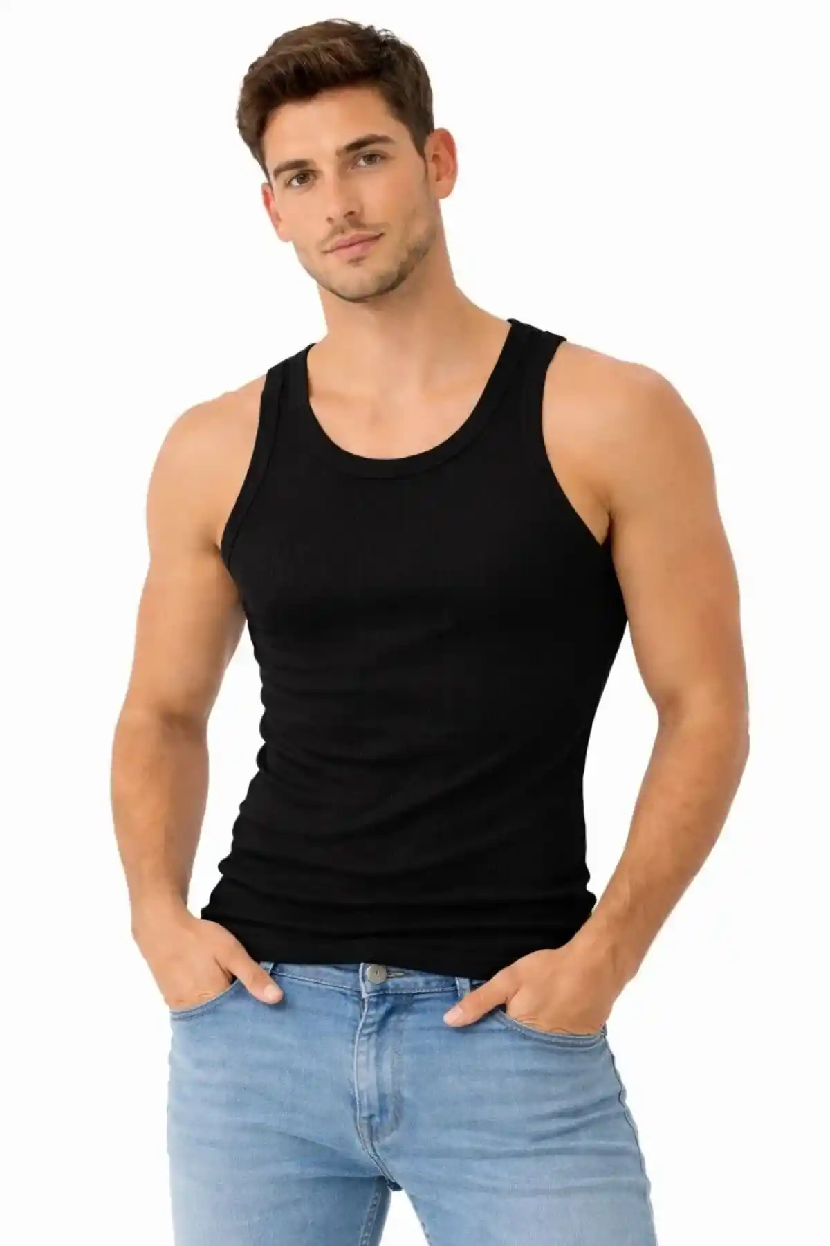 Erkek Fitilli Likralı Kaşkorse Atlet Vücuda Oturan Basic Şıklık - Siyah