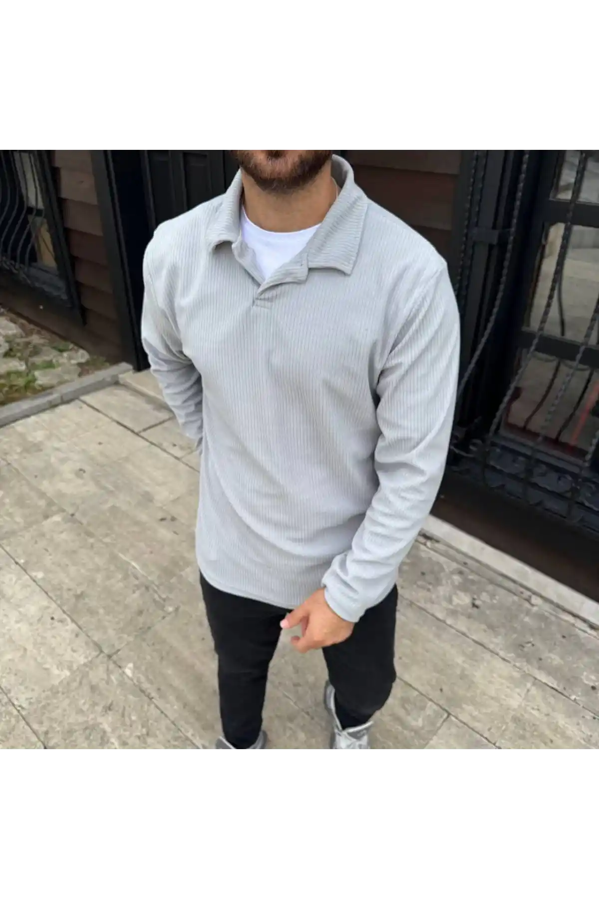 Erkek Fitilli Polar Sweatshirt – Düğmesiz Polo Yaka, Oversize Rahat Kalıp, Kalın Polar Kumaş, Kışlık ve Baharlık Şık Günlük Üst - Gri