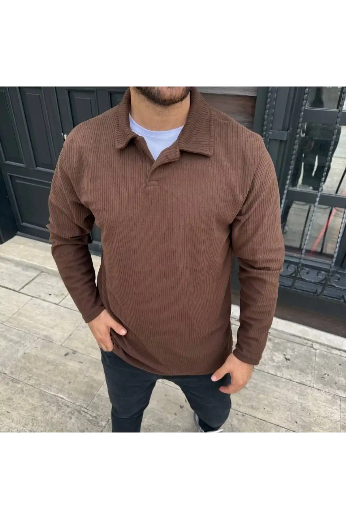 Erkek Fitilli Polar Sweatshirt – Düğmesiz Polo Yaka, Oversize Rahat Kalıp, Kalın Polar Kumaş, Kışlık ve Baharlık Şık Günlük Üst - Kahverengi