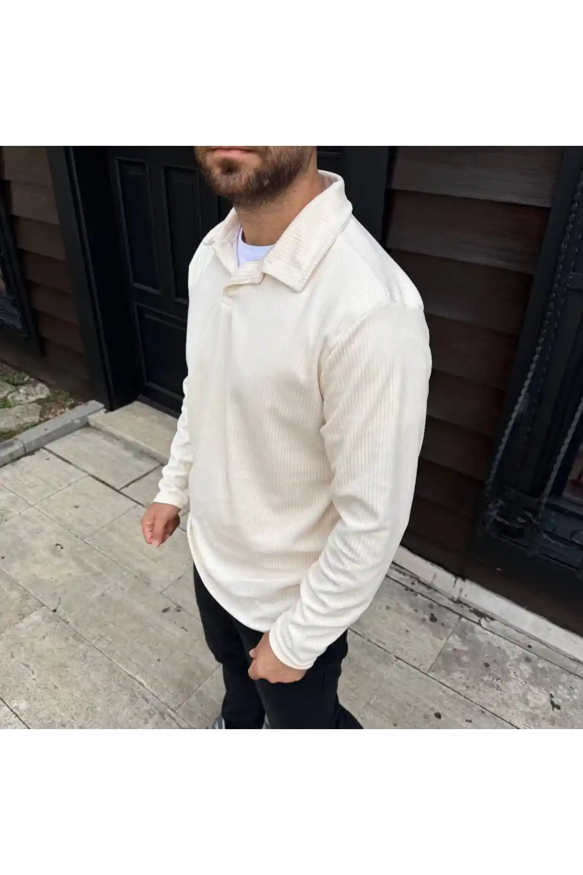 Erkek Fitilli Polar Sweatshirt – Düğmesiz Polo Yaka, Oversize Rahat Kalıp, Kalın Polar Kumaş, Kışlık ve Baharlık Şık Günlük Üst - Beyaz