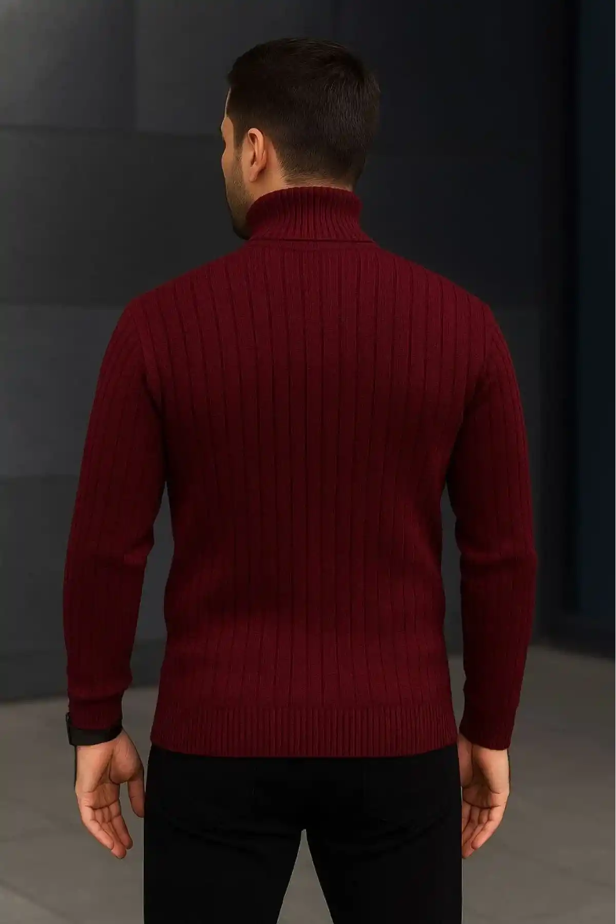 Erkek Fitilli Triko Kazak 2li Set Bordo Siyah Regular Balıkcı Yaka Tam Boğazlı Triko Seti