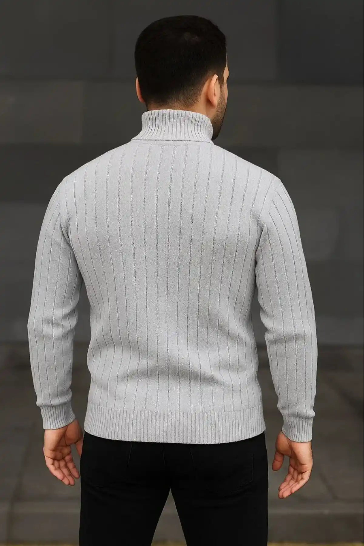 Erkek Fitilli Triko Kazak 2li Set Gri Siyah Regular Balıkcı Yaka Tam Boğazlı Triko Seti