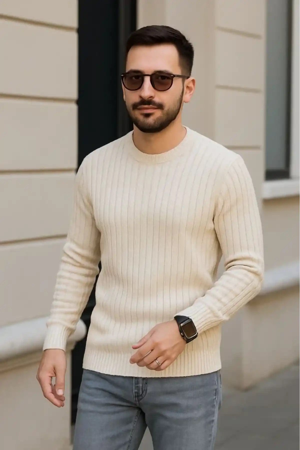 Erkek Fitilli Triko Kazak 2’li Set Bej Beyaz Kalın Dokuma Pamuklu Regular Fit Bisiklet